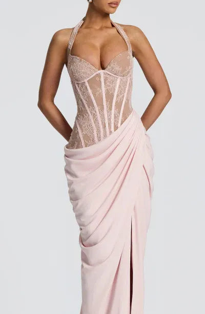 Halter Sweetheart Sheer Lace Corset Back Lace Up High Slit Blush Jersey Mermaid Maxi Wedding Guest Dresses