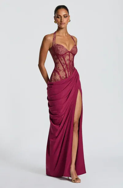 Halter Sweetheart Sheer Lace Corset Back Lace Up High Slit Burgundy Jersey Mermaid Maxi Wedding Guest Dresses