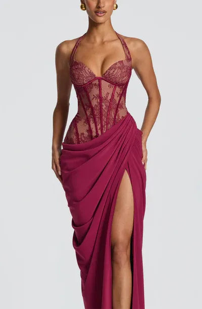 Halter Sweetheart Sheer Lace Corset Back Lace Up High Slit Burgundy Jersey Mermaid Maxi Wedding Guest Dresses