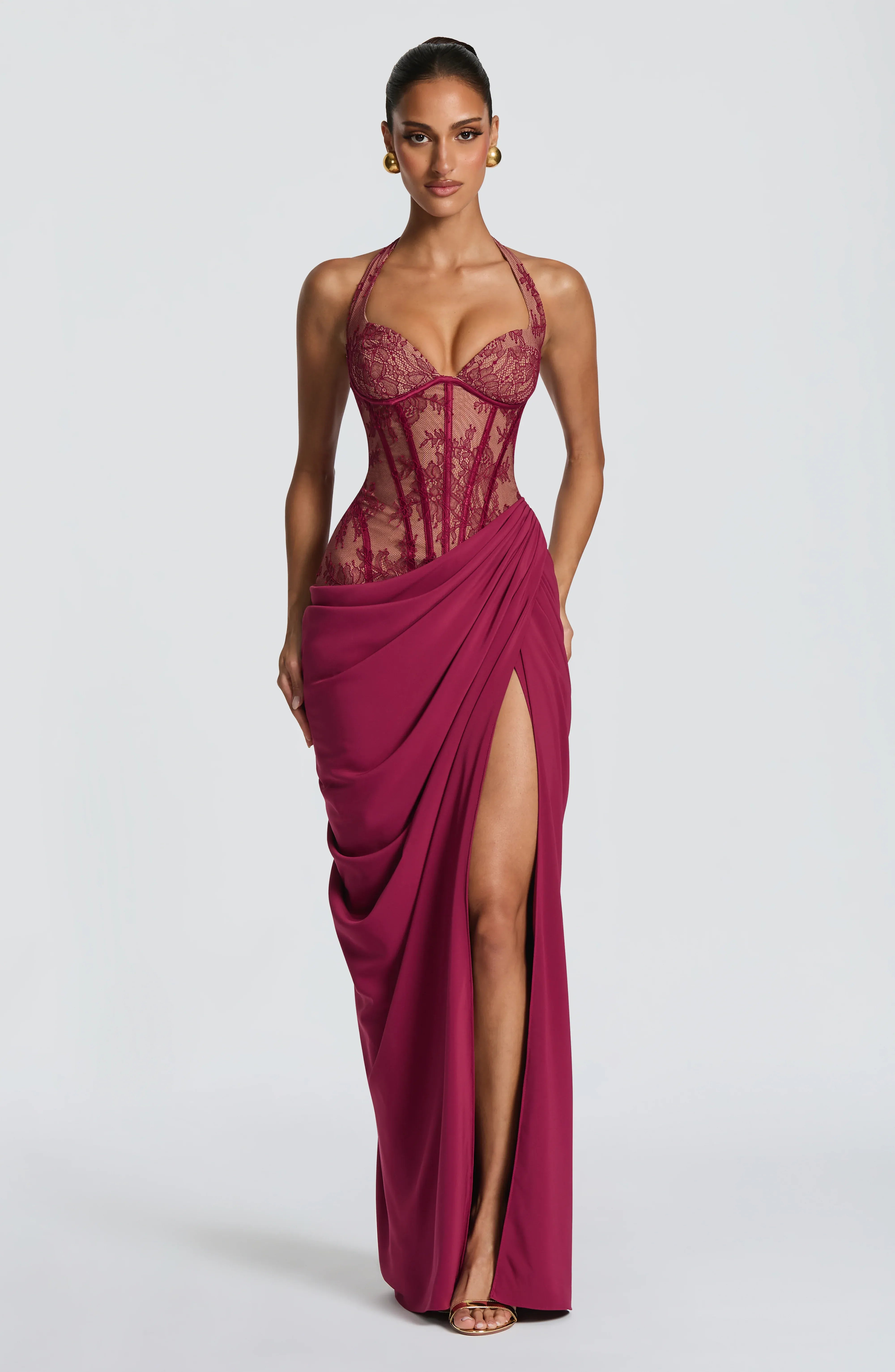 Halter Sweetheart Sheer Lace Corset Back Lace Up High Slit Burgundy Jersey Mermaid Maxi Wedding Guest Dresses