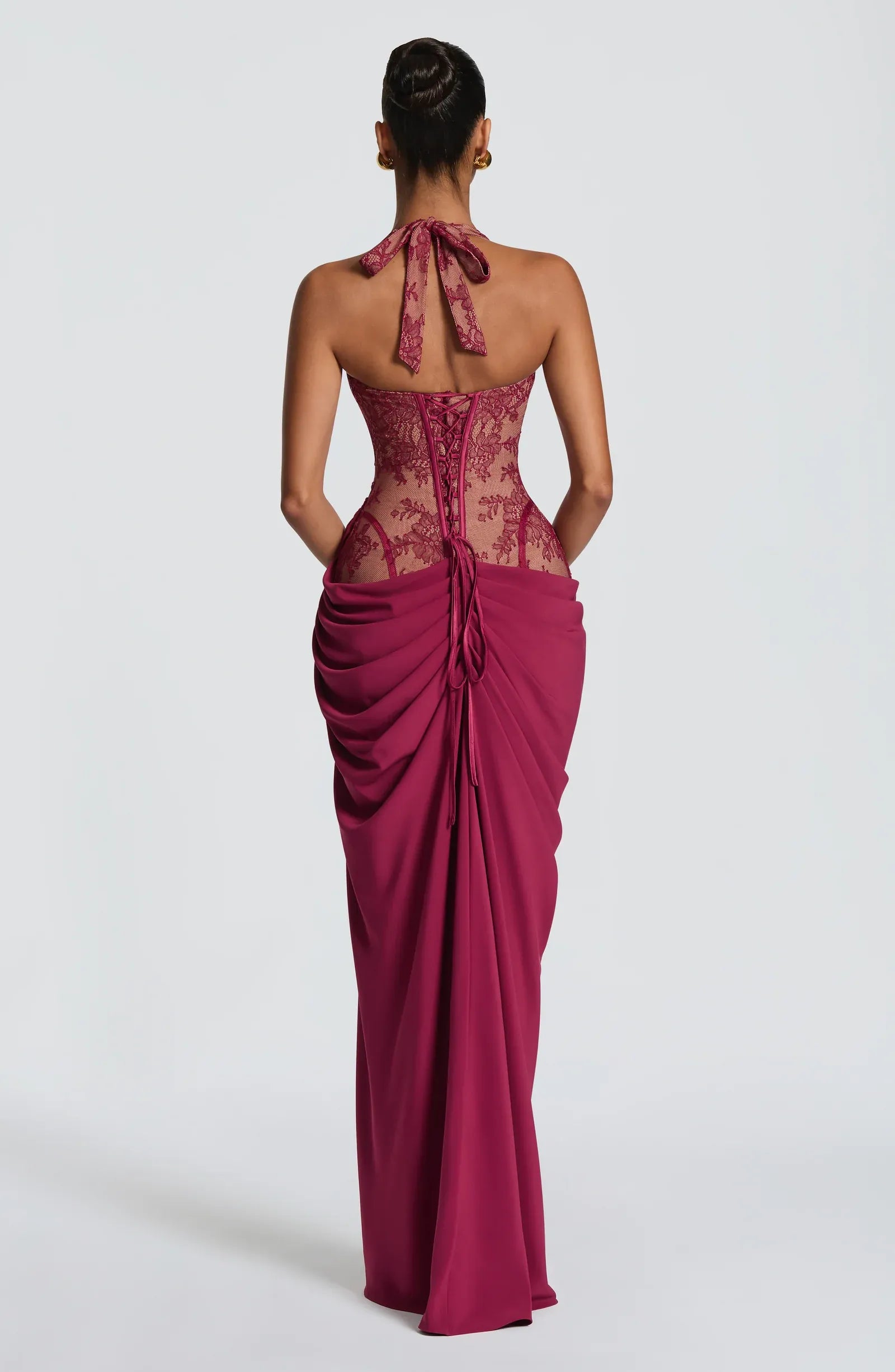 Halter Sweetheart Sheer Lace Corset Back Lace Up High Slit Burgundy Jersey Mermaid Maxi Wedding Guest Dresses