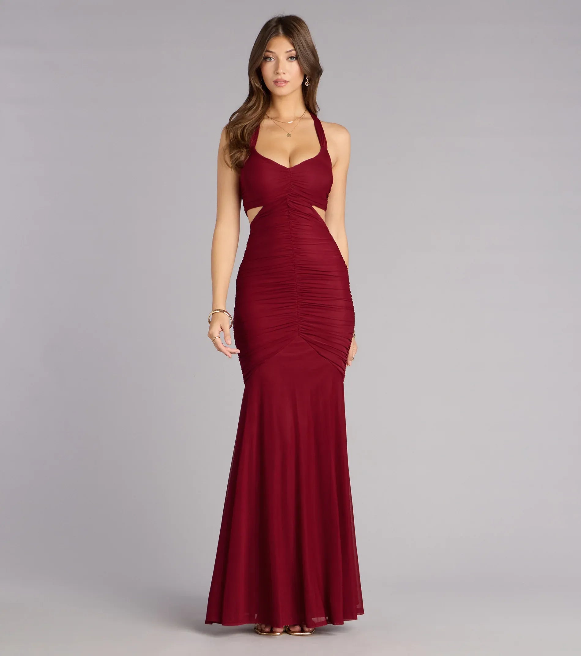 Halter Sweetheart Side Cutout Full Ruched Mesh Mermaid Maxi Wedding Guest Dress
