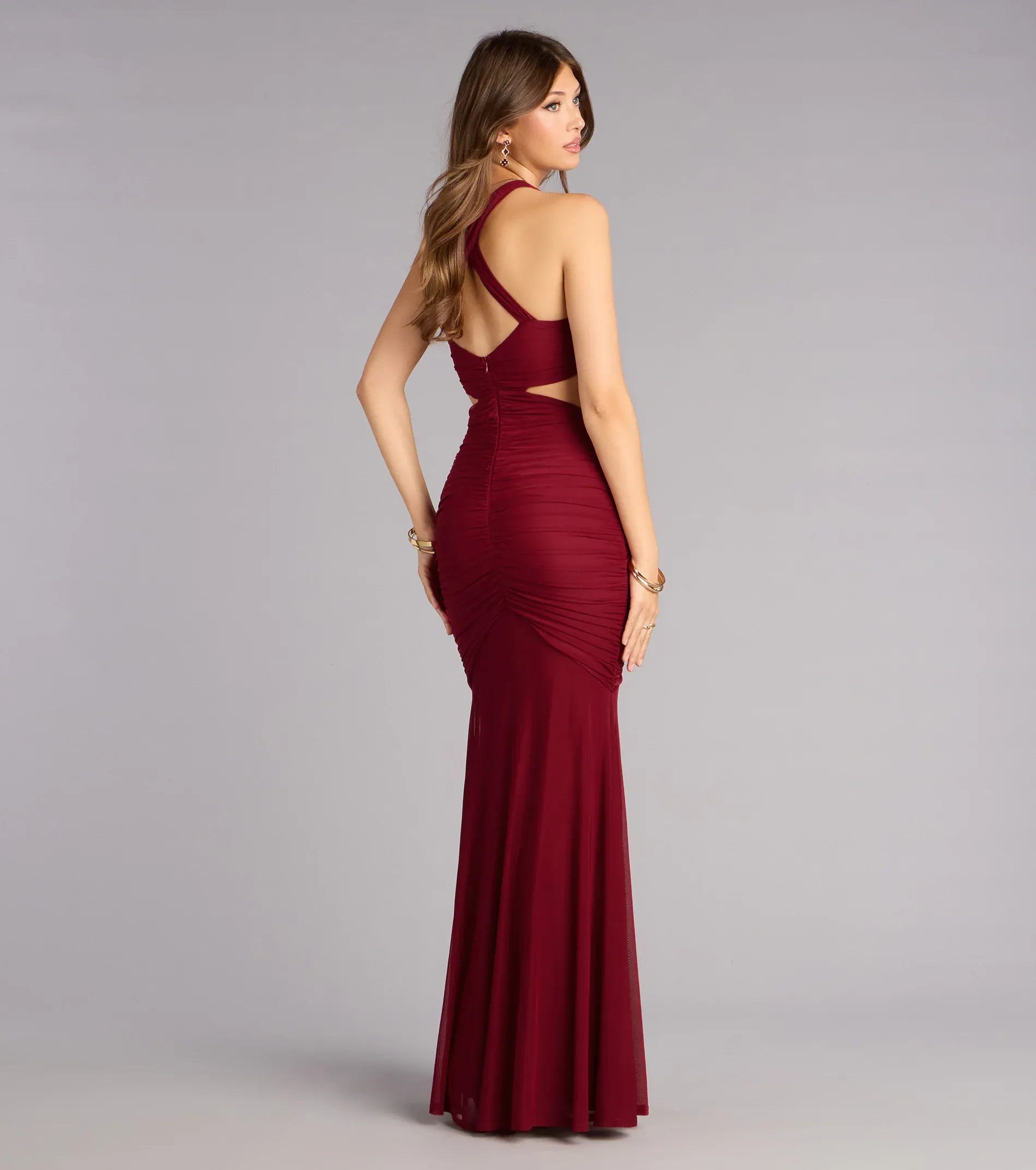 Halter Sweetheart Side Cutout Full Ruched Mesh Mermaid Maxi Wedding Guest Dress