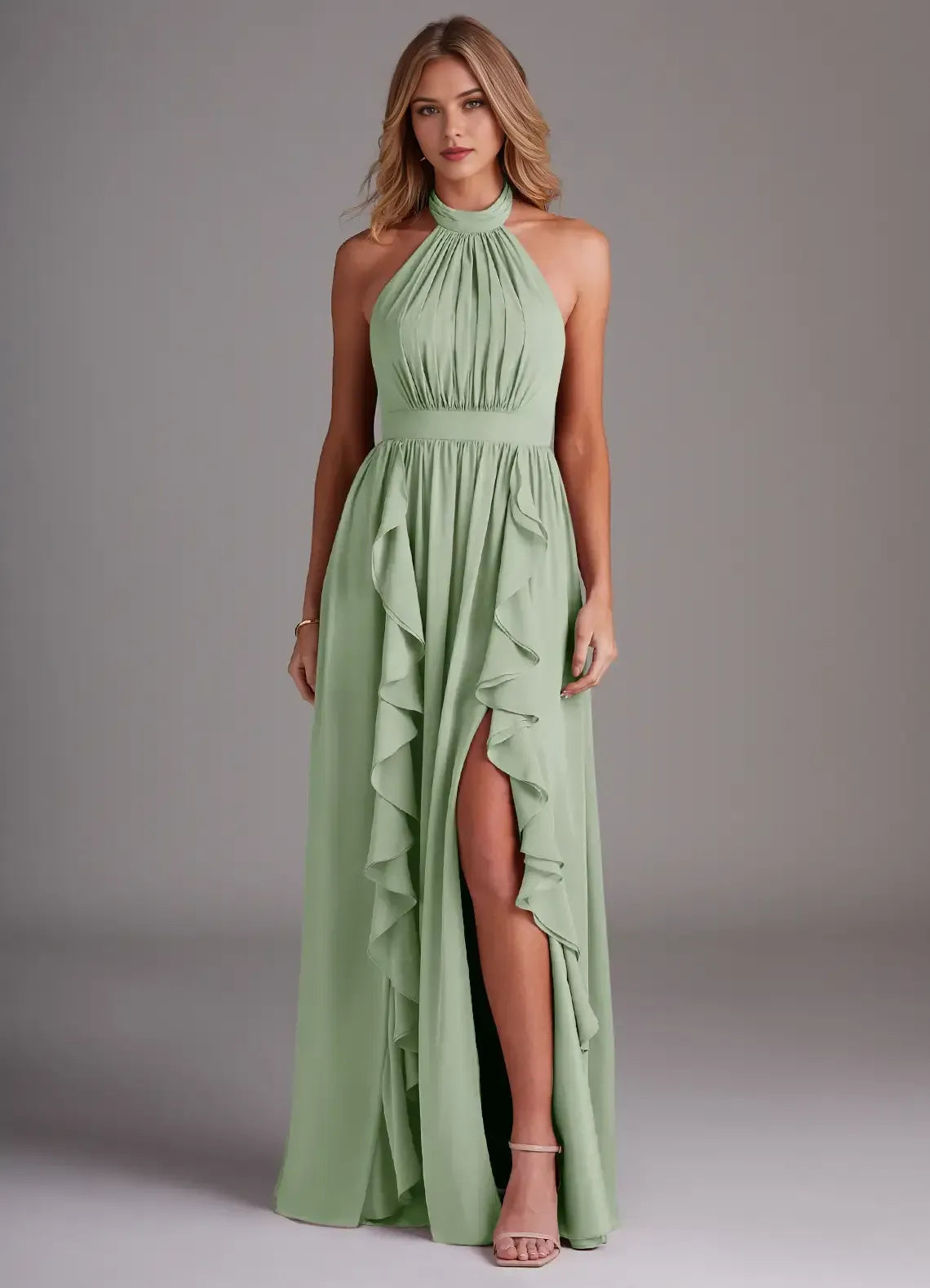 Halter Tie Back Empire Waist Cascading Ruffle High Slit A Line Chiffon Bridesmaid Dress