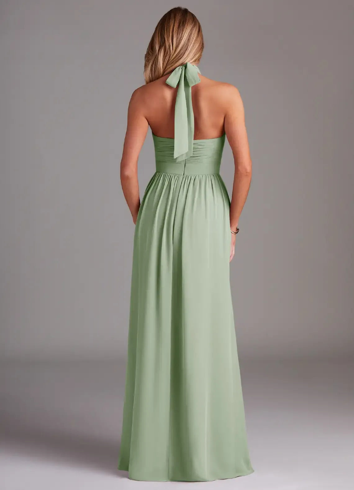 Halter Tie Back Empire Waist Cascading Ruffle High Slit A Line Chiffon Bridesmaid Dress