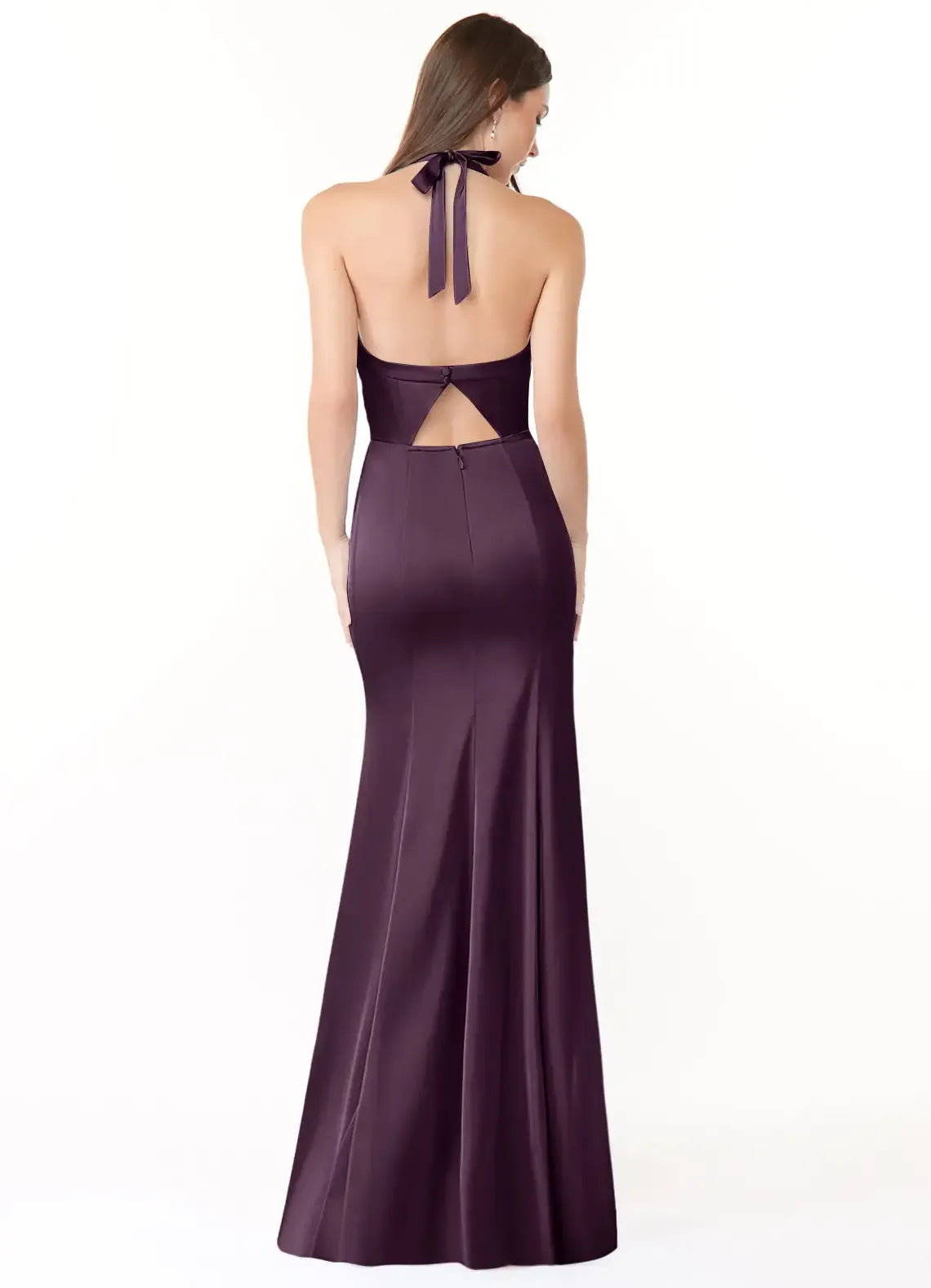 Halter Tie Back Ruched High Slit Mermaid Satin Long Bridesmaid Dress