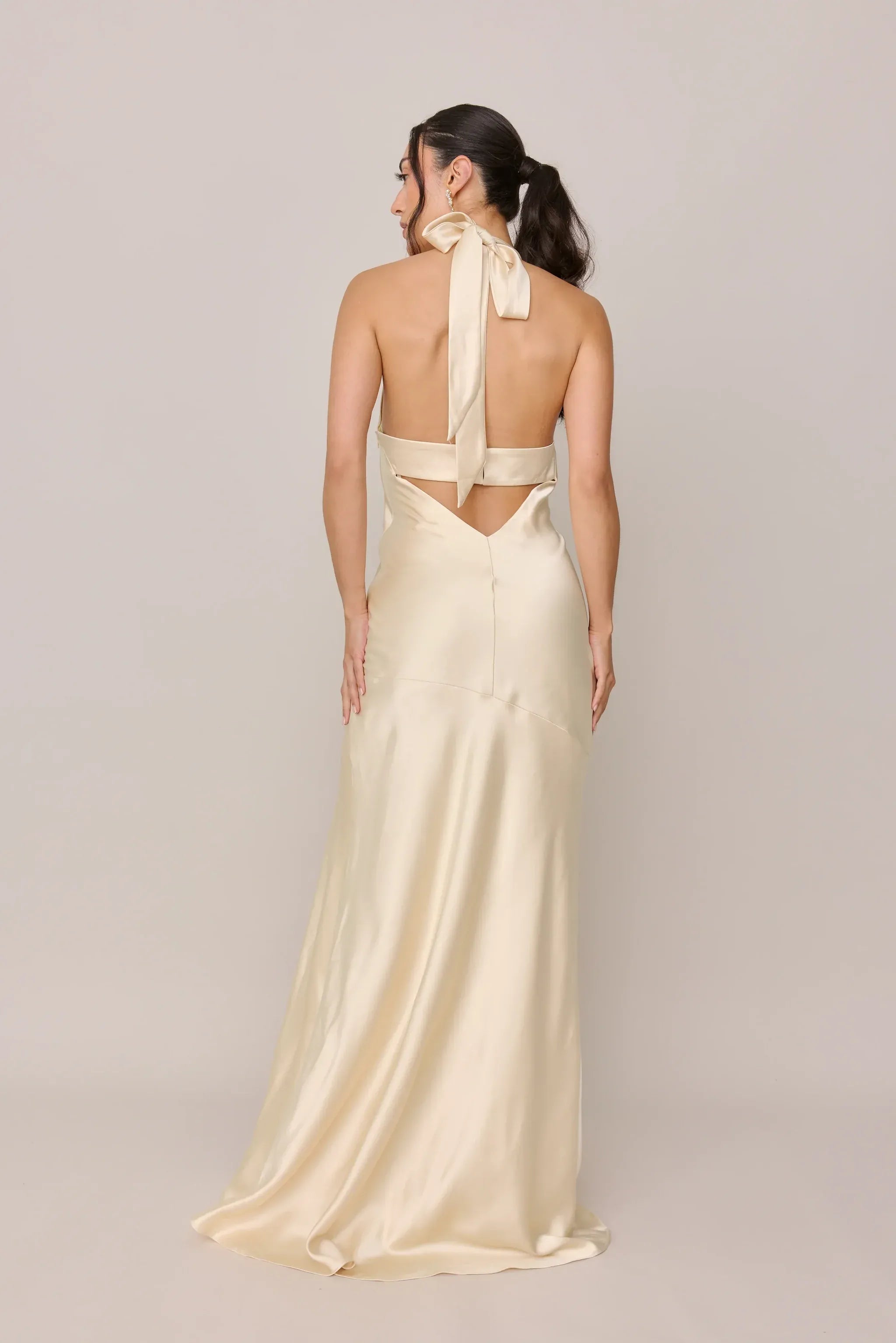Halter Tie Keyhole Back High Slit Mermaid Satin Long Bridesmaid Dress