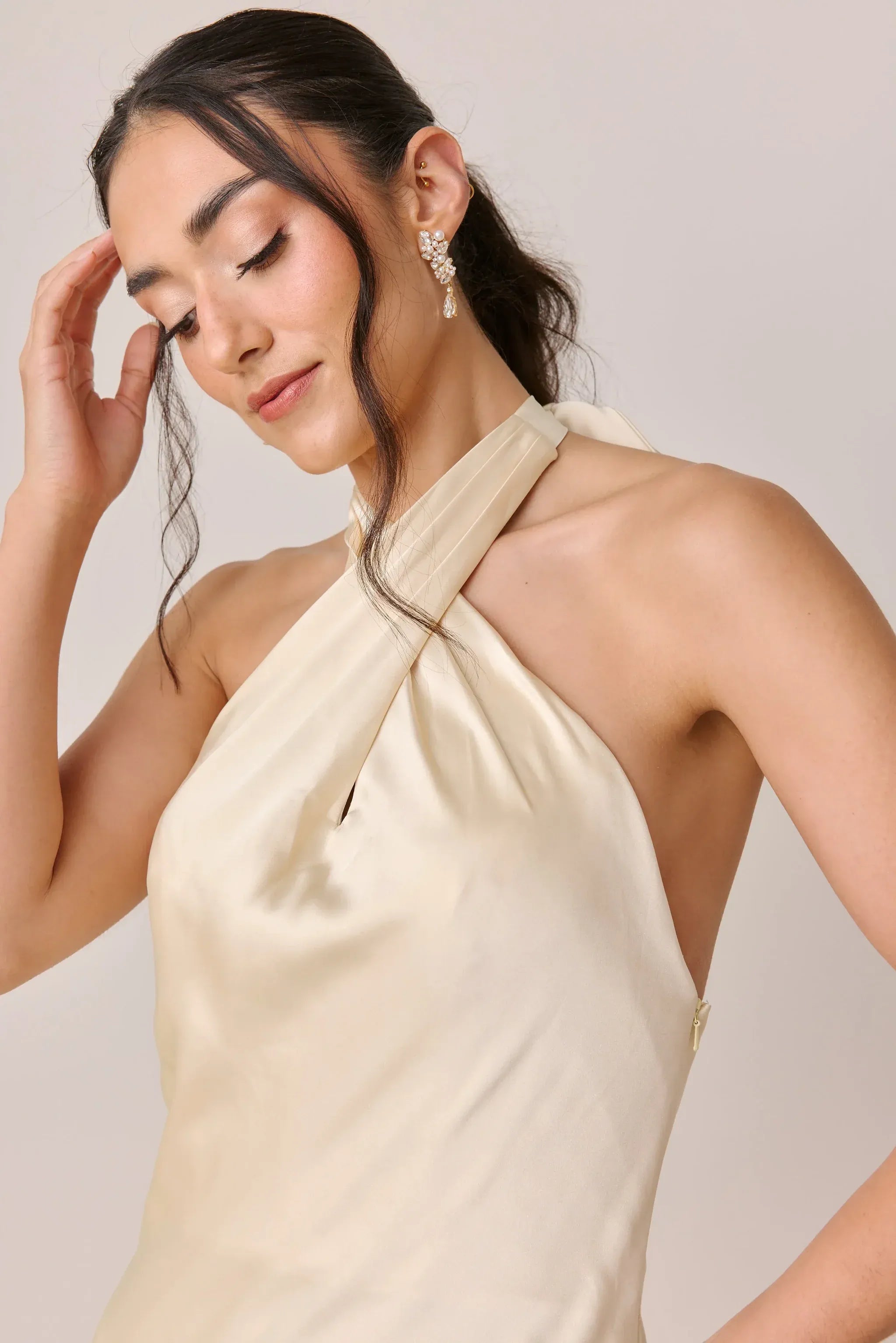 Halter Tie Keyhole Back High Slit Mermaid Satin Long Bridesmaid Dress