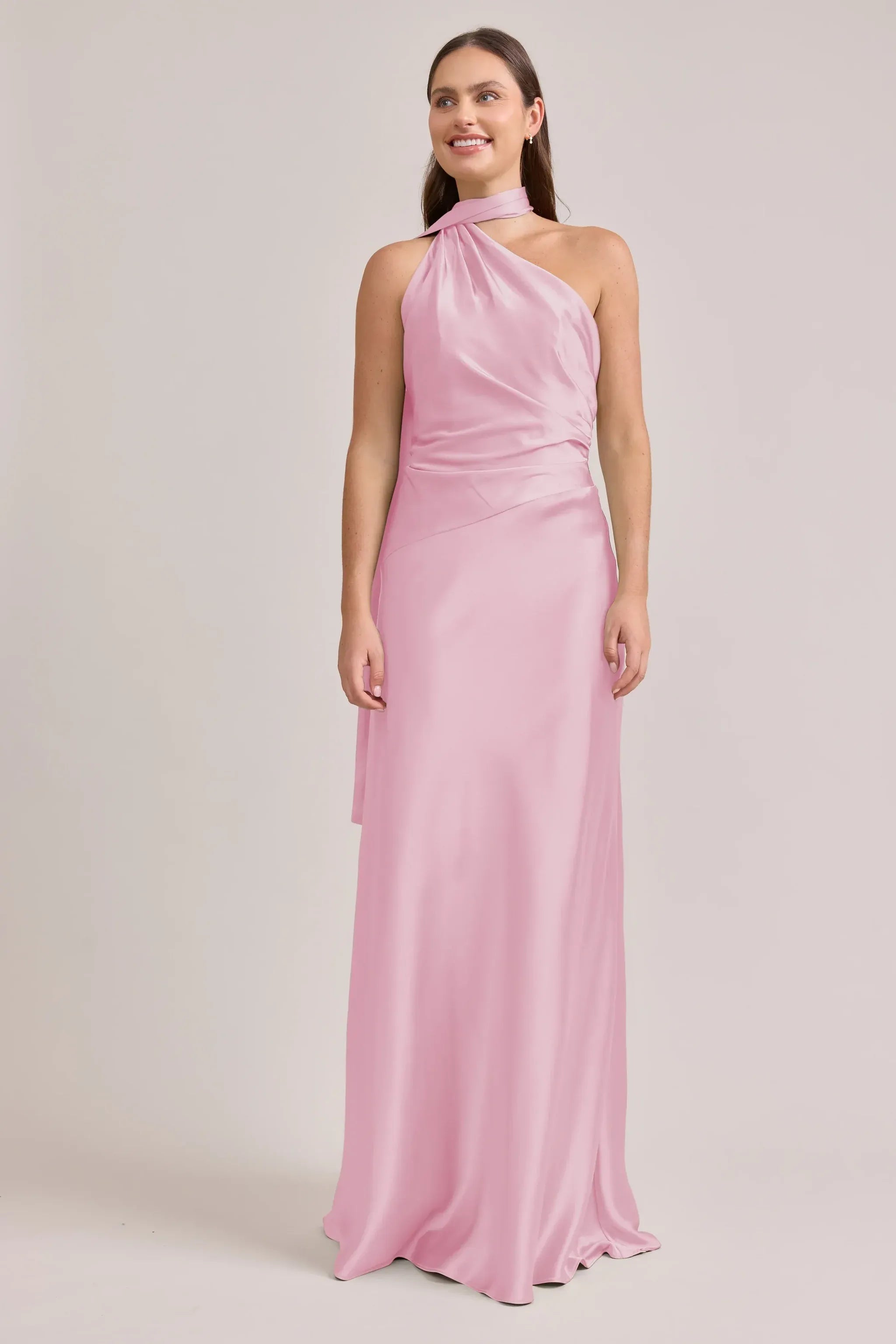 Halter Tie Neck Ruched Waist Open Back Mermaid Satin Long Bridesmaid Dress