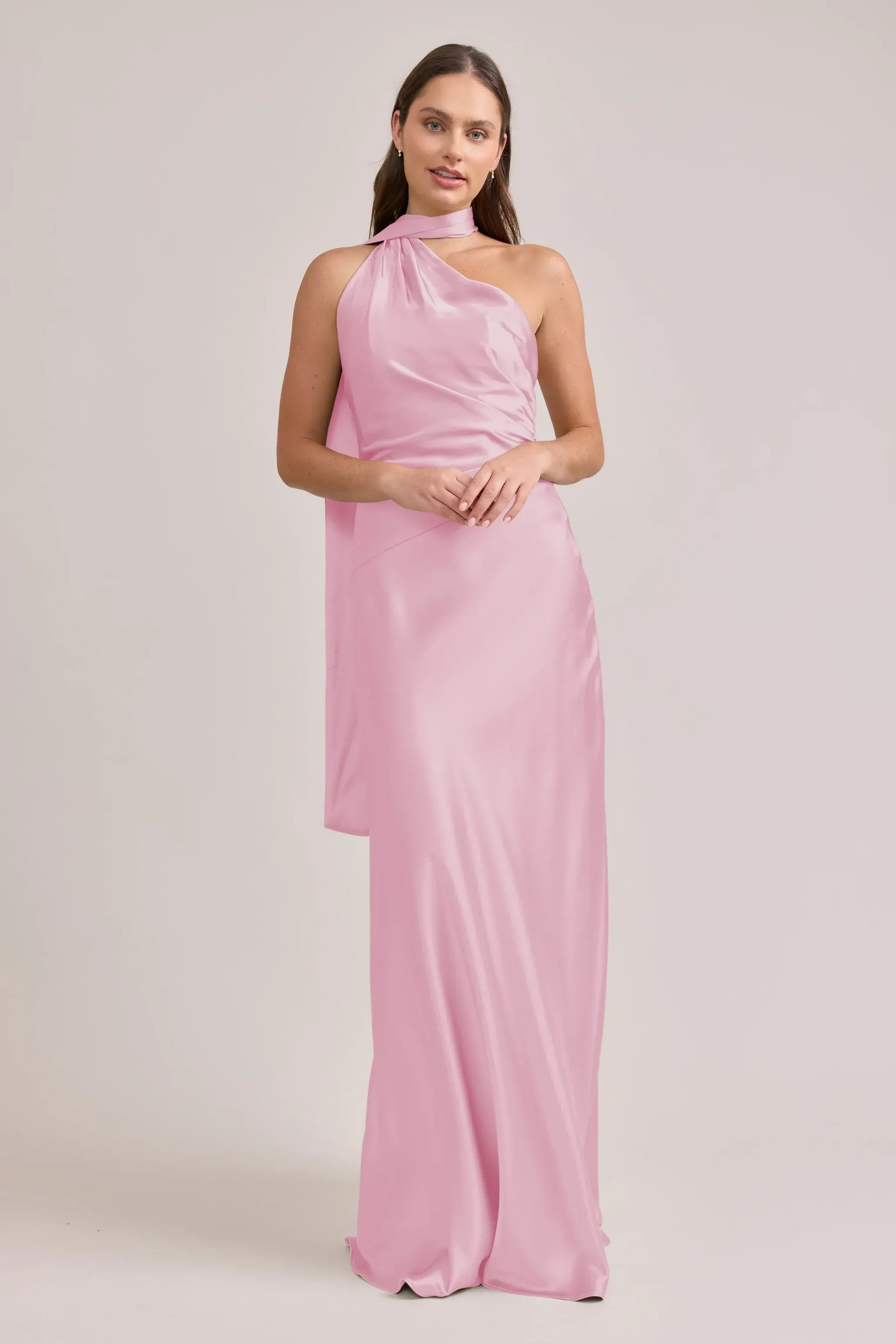 Halter Tie Neck Ruched Waist Open Back Mermaid Satin Long Bridesmaid Dress