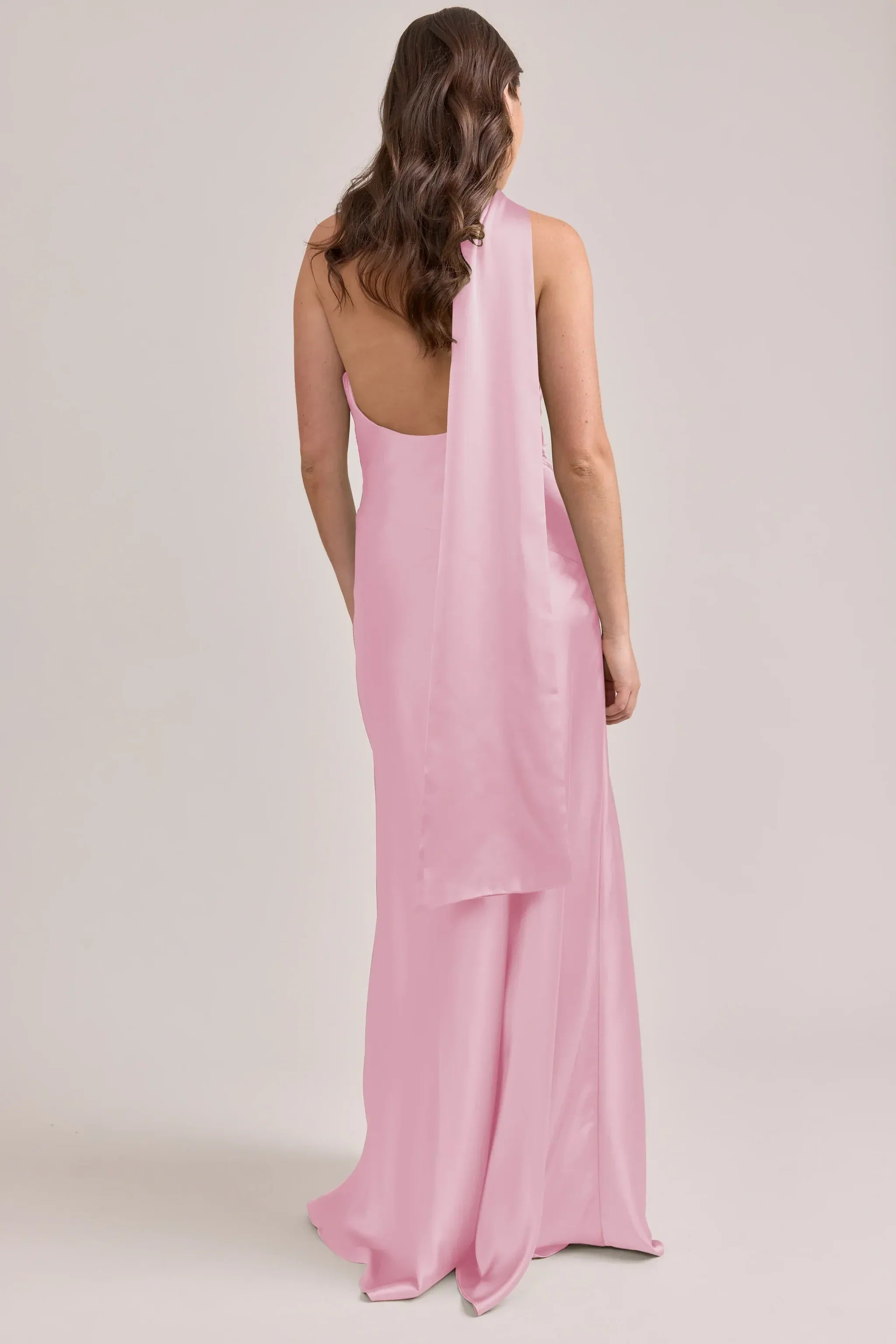 Halter Tie Neck Ruched Waist Open Back Mermaid Satin Long Bridesmaid Dress