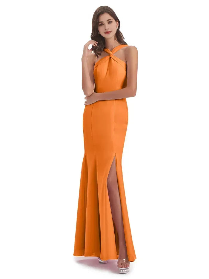 Halter Twist Cross Back High Slit Mermaid Satin Long Bridesmaid Dress