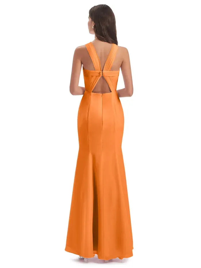 Halter Twist Cross Back High Slit Mermaid Satin Long Bridesmaid Dress