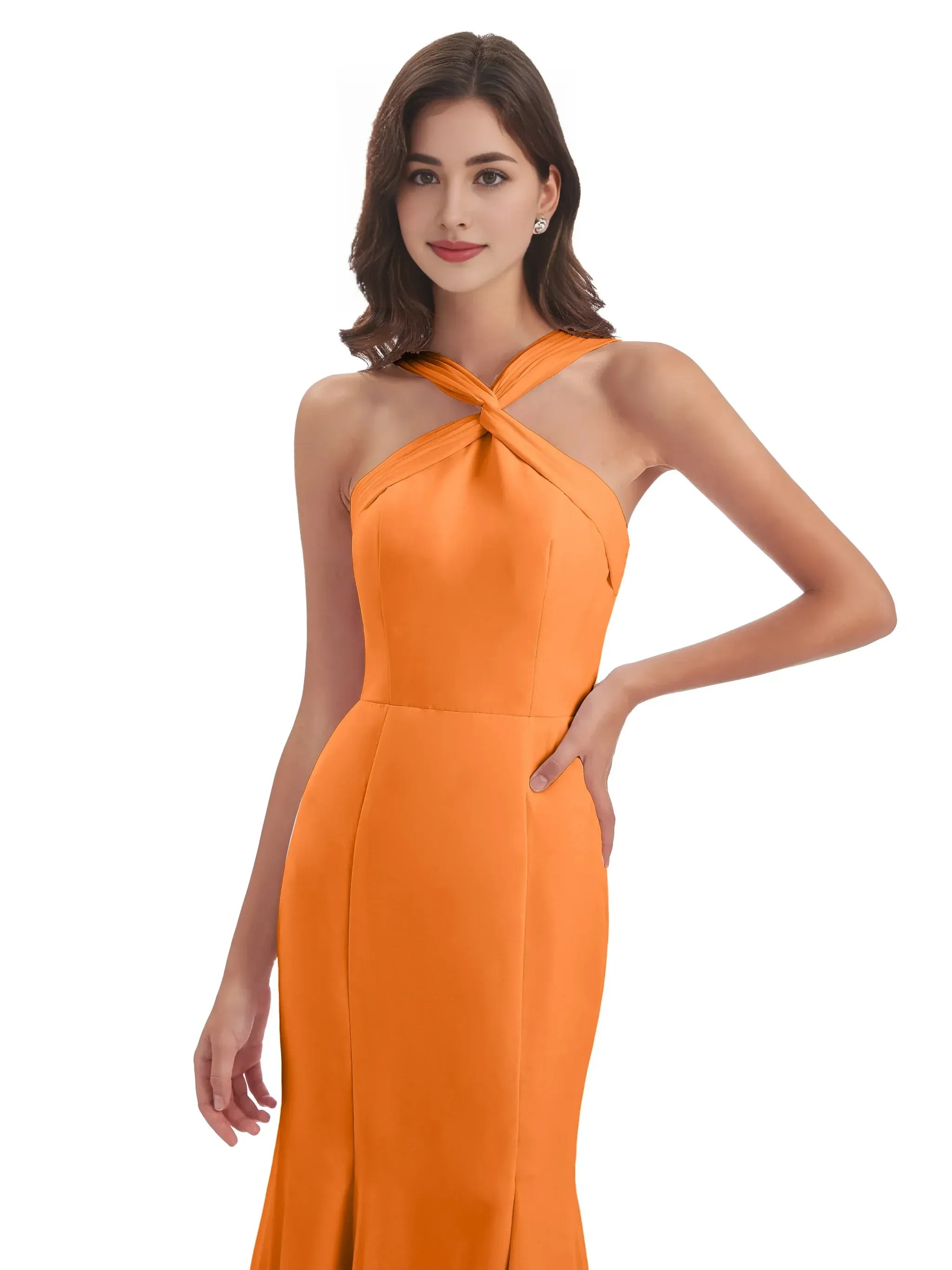 Halter Twist Cross Back High Slit Mermaid Satin Long Bridesmaid Dress
