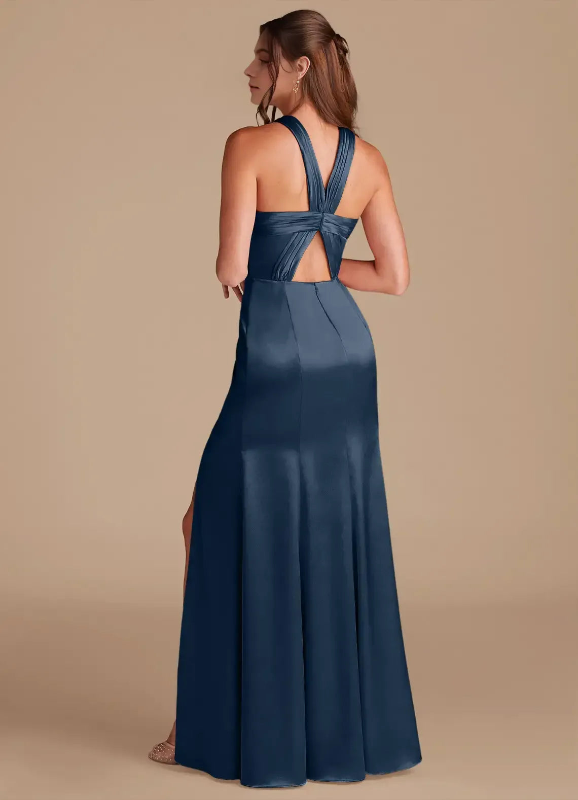 Halter Twist Open Back High Slit Mermaid Satin Long Bridesmaid Dress