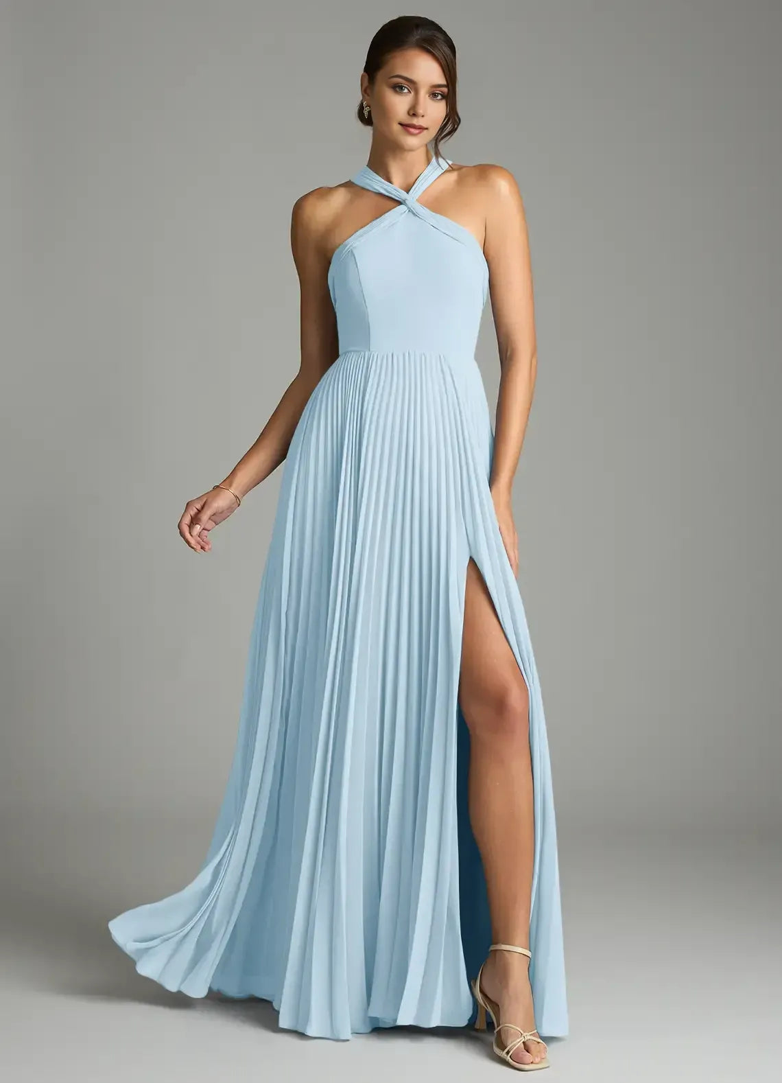 Halter Twist Pleated High Slit A Line Chiffon Long Bridesmaid Dress