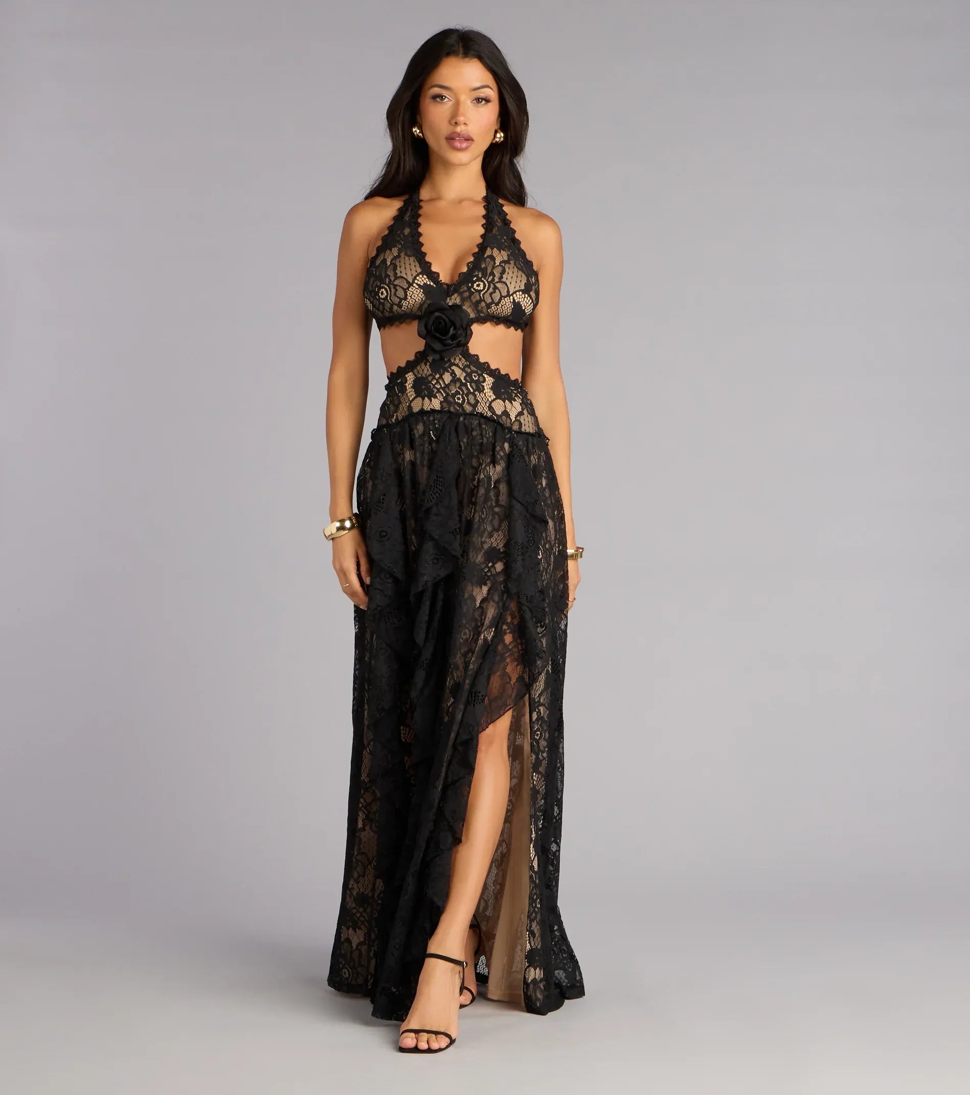 Halter V Neck Floral Lace 3D Rose Midriff Cutout Ruffle High Slit Maxi Wedding Guest Dress
