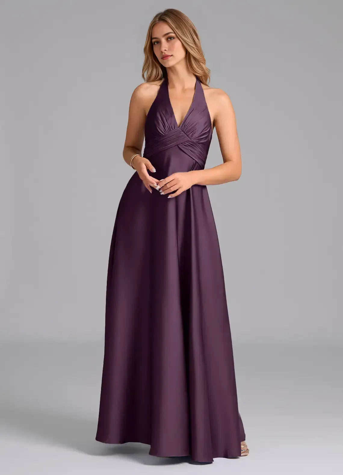 Halter V Neck Ruched Waist Open Back A Line Satin Long Bridesmaid Dress