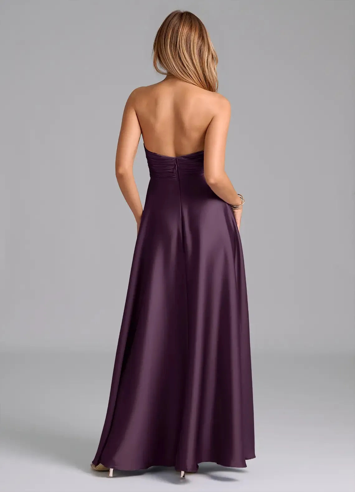 Halter V Neck Ruched Waist Open Back A Line Satin Long Bridesmaid Dress