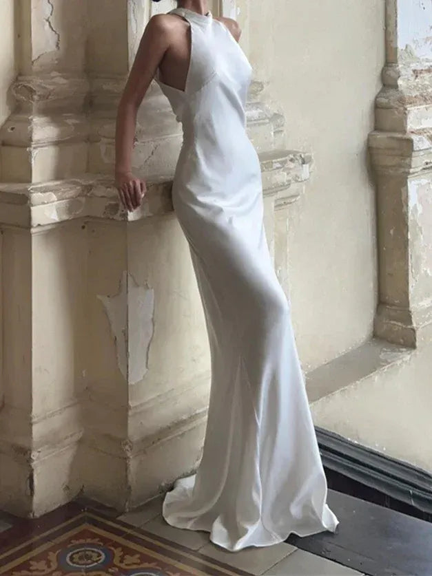 High Halter Neck Tie Back Plunge Open Back Gloss Satin Mermaid Wedding Dress