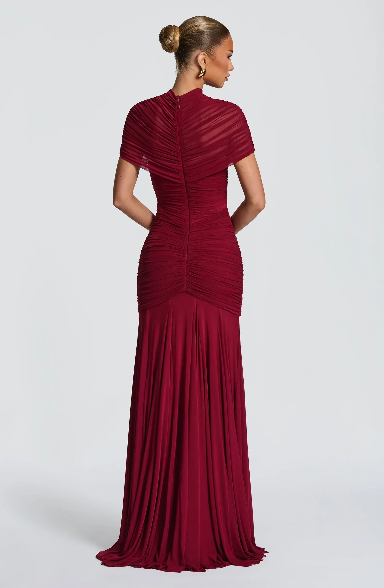 High Neck Cap Sleeve Mid Cutout Full Ruched Burgundy Mesh Mermaid Maxi Wedding Guest Dresses
