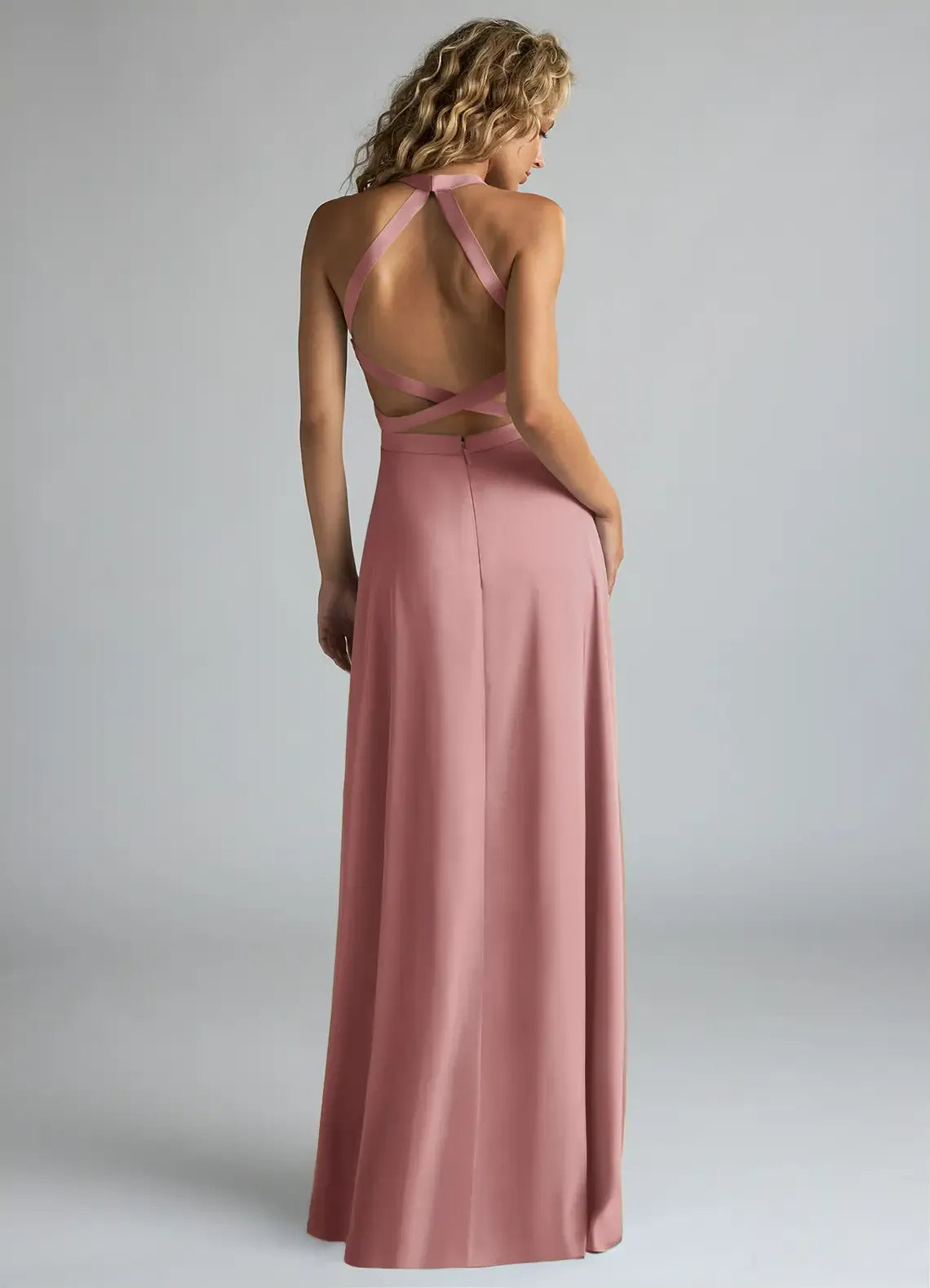 High Neck Crisscross Back High Slit A Line Satin Long Bridesmaid Dress