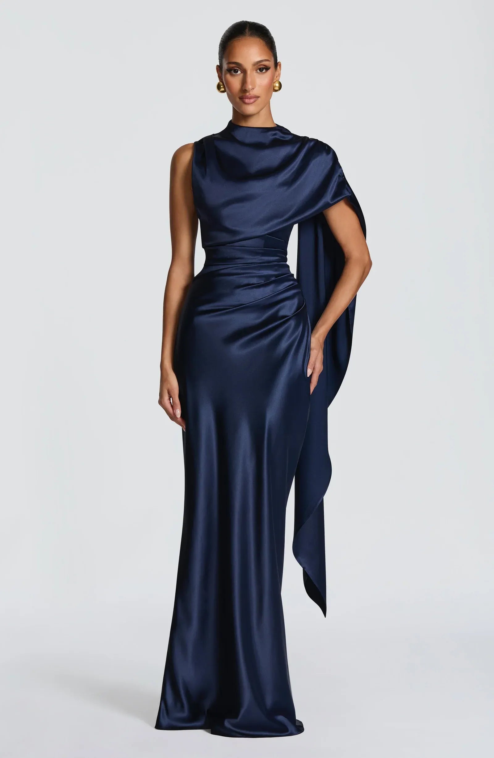High Neck Draped Cape Sleeveless Cutout Back Ruched Waist Navy Satin Mermaid Maxi Wedding Guest Dresses