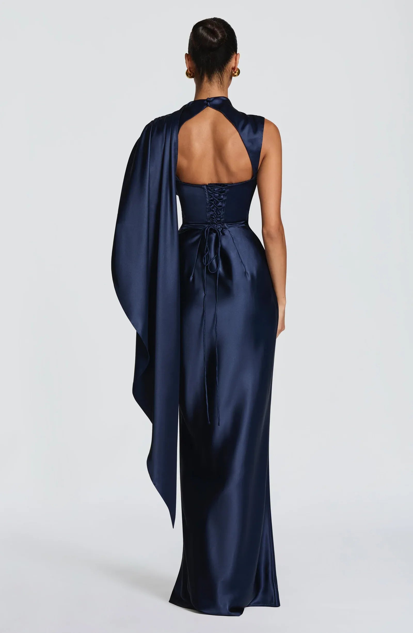 High Neck Draped Cape Sleeveless Cutout Back Ruched Waist Navy Satin Mermaid Maxi Wedding Guest Dresses