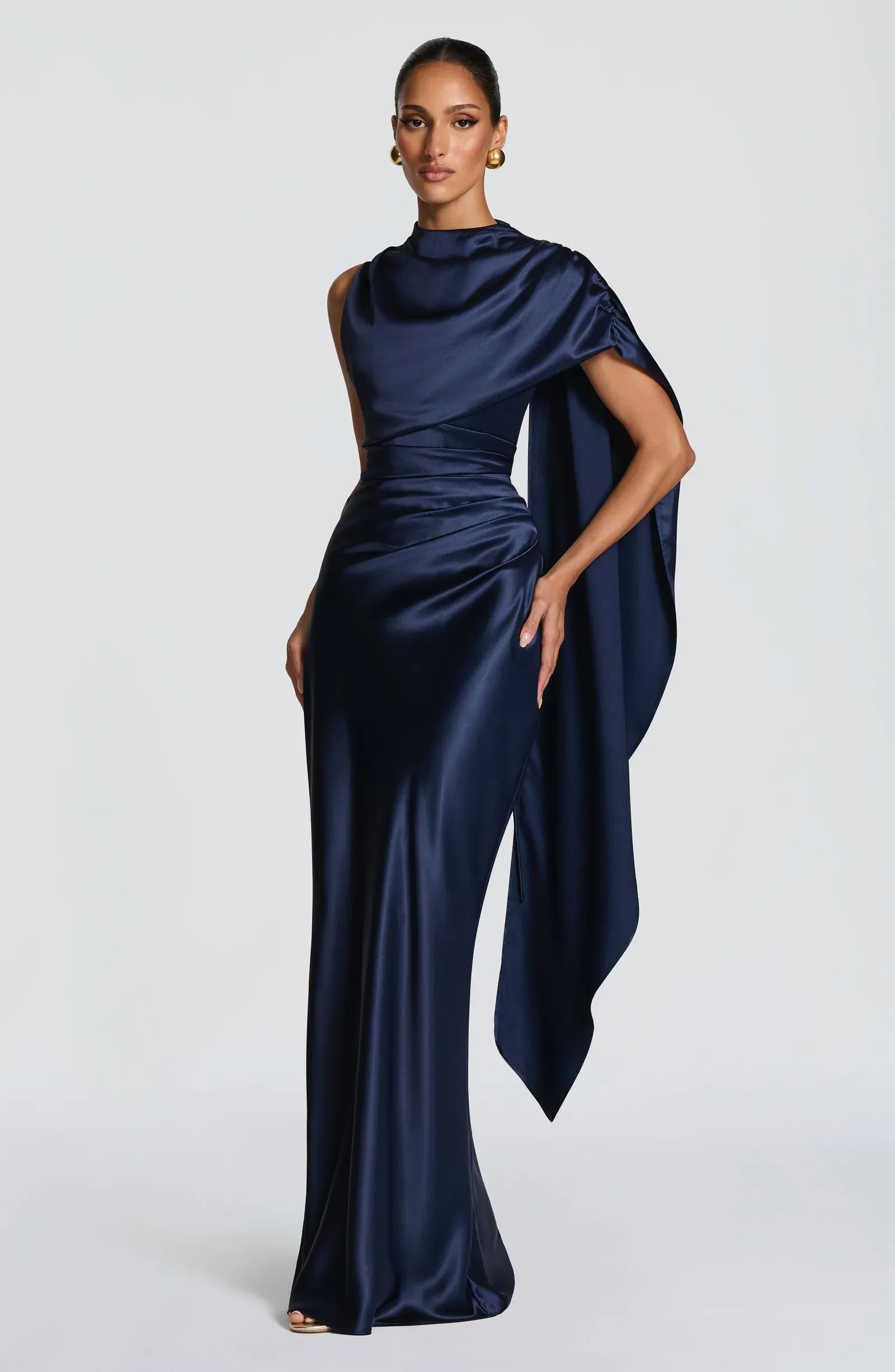 High Neck Draped Cape Sleeveless Cutout Back Ruched Waist Navy Satin Mermaid Maxi Wedding Guest Dresses
