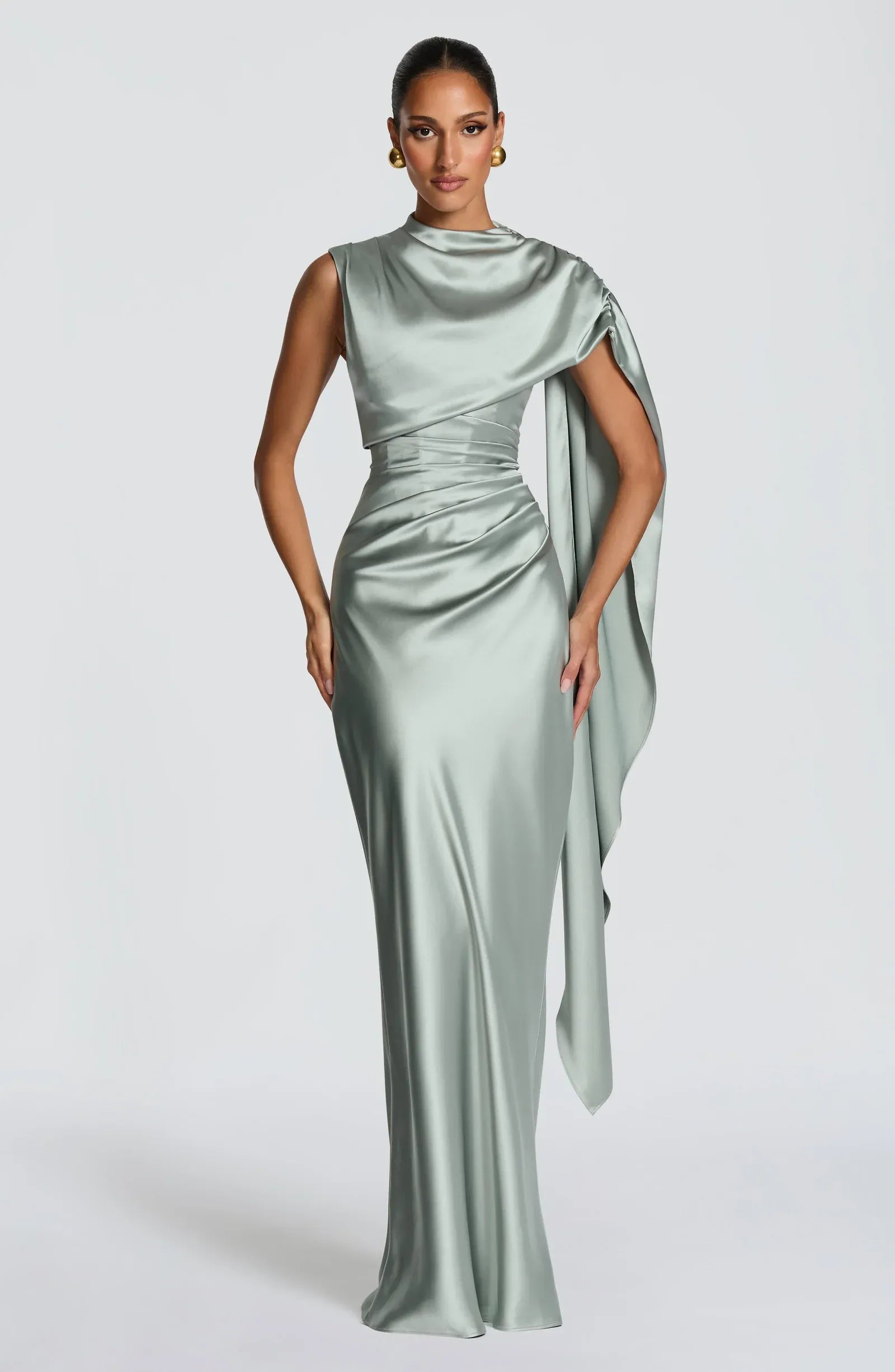 High Neck Draped Cape Sleeveless Keyhole Back Ruched Waist Sage Satin Mermaid Maxi Wedding Guest Dresses