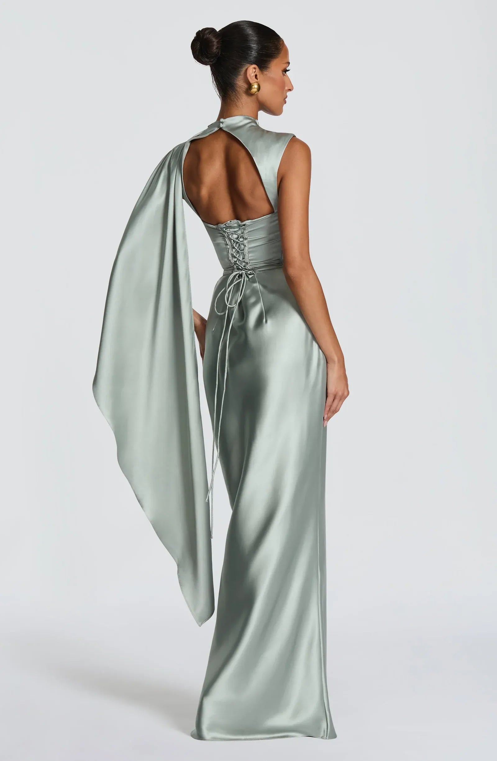 High Neck Draped Cape Sleeveless Keyhole Back Ruched Waist Sage Satin Mermaid Maxi Wedding Guest Dresses