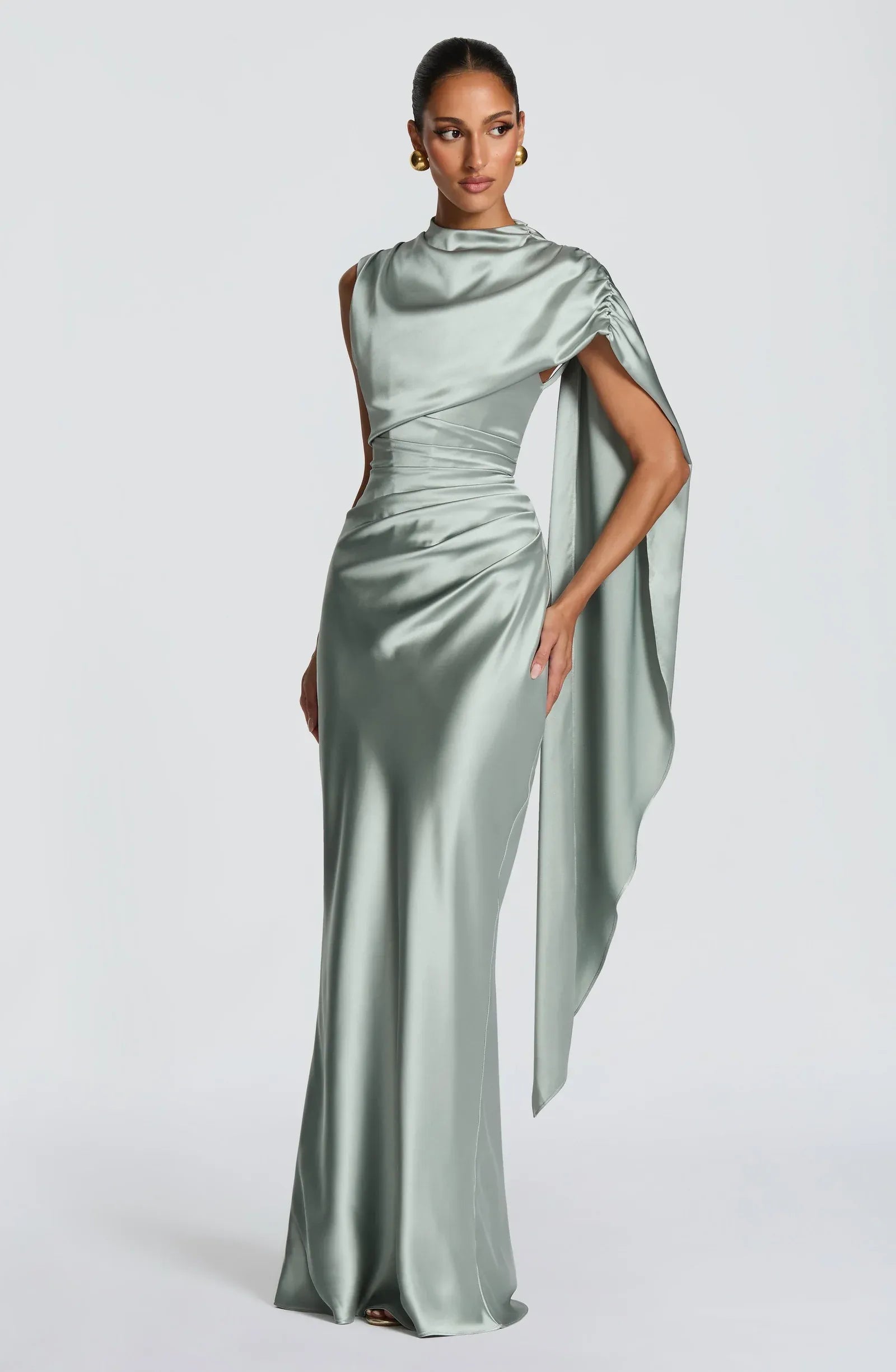 High Neck Draped Cape Sleeveless Keyhole Back Ruched Waist Sage Satin Mermaid Maxi Wedding Guest Dresses
