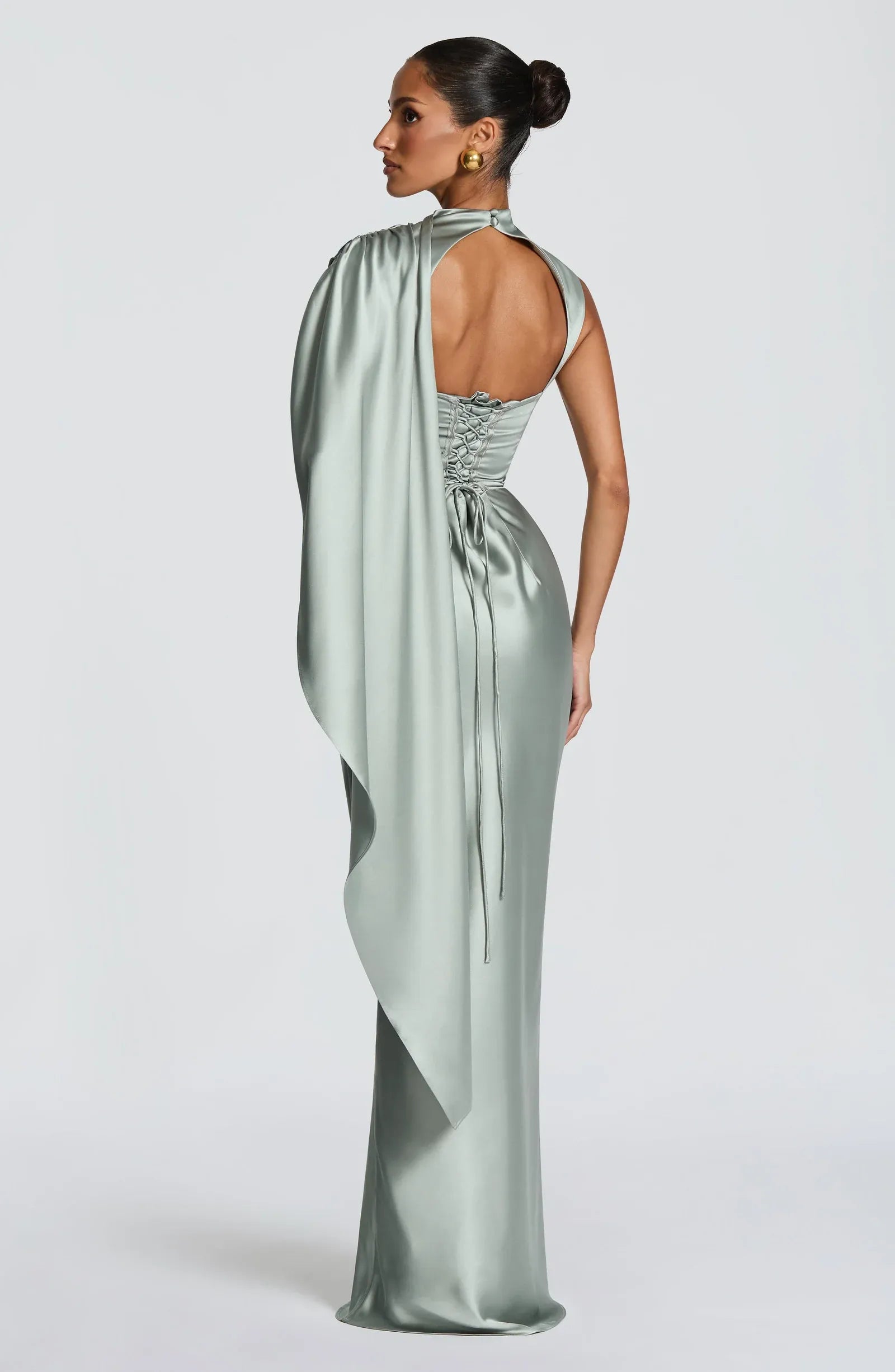 High Neck Draped Cape Sleeveless Keyhole Back Ruched Waist Sage Satin Mermaid Maxi Wedding Guest Dresses