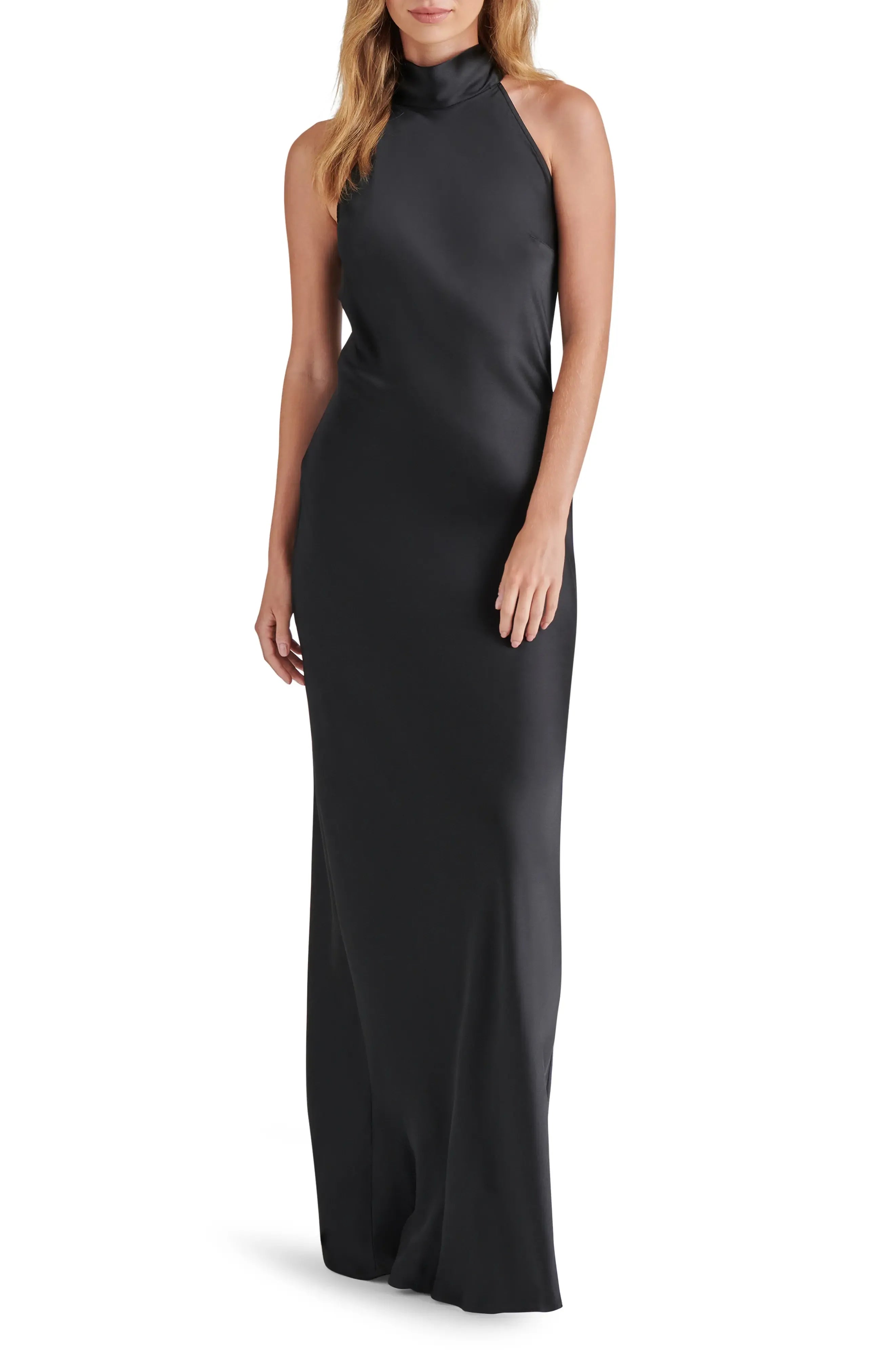 High Neck Halter Back Tie Plain Slit Black Satin Mermaid Maxi Wedding Guest Dresses