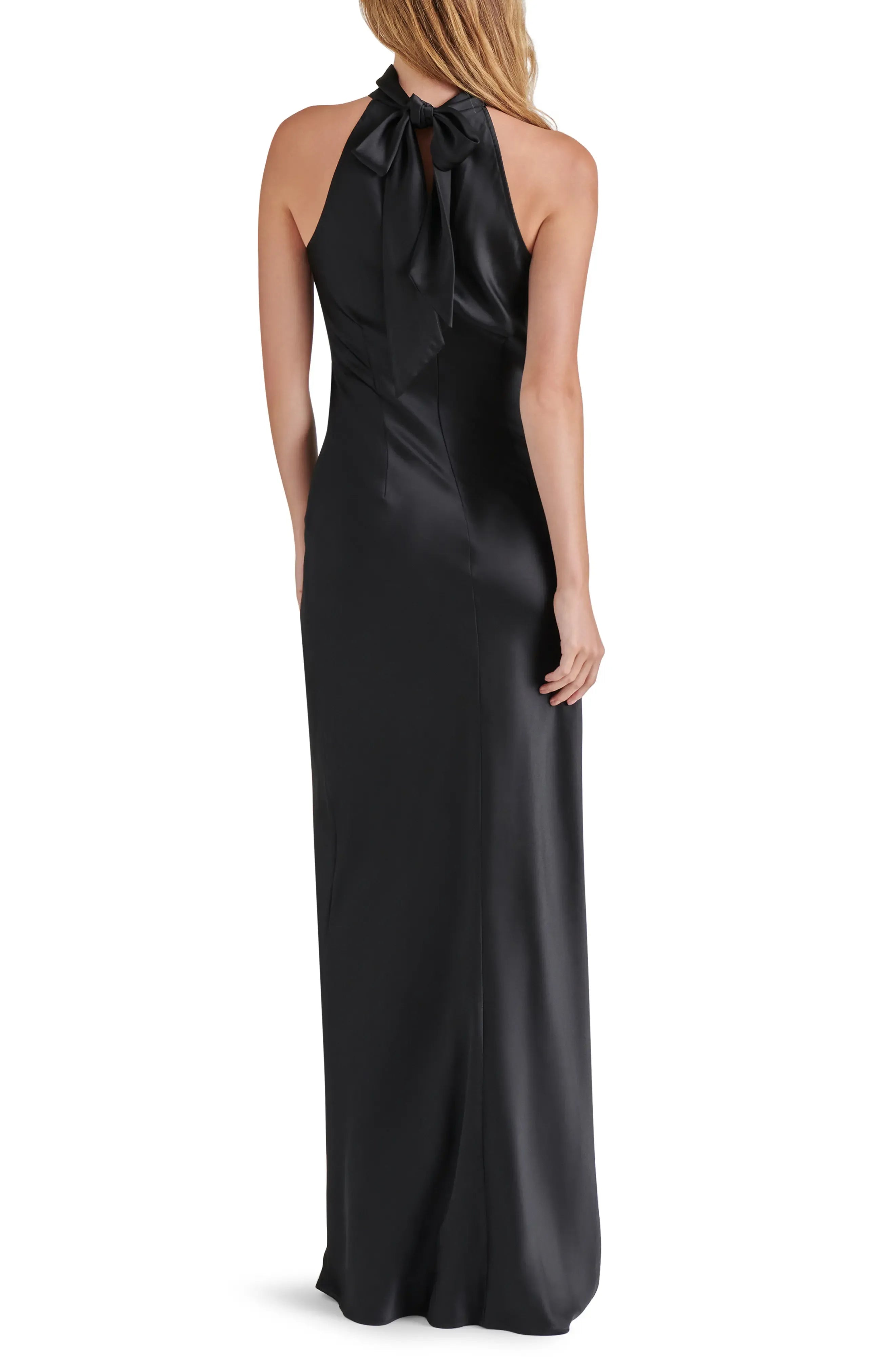 High Neck Halter Back Tie Plain Slit Black Satin Mermaid Maxi Wedding Guest Dresses