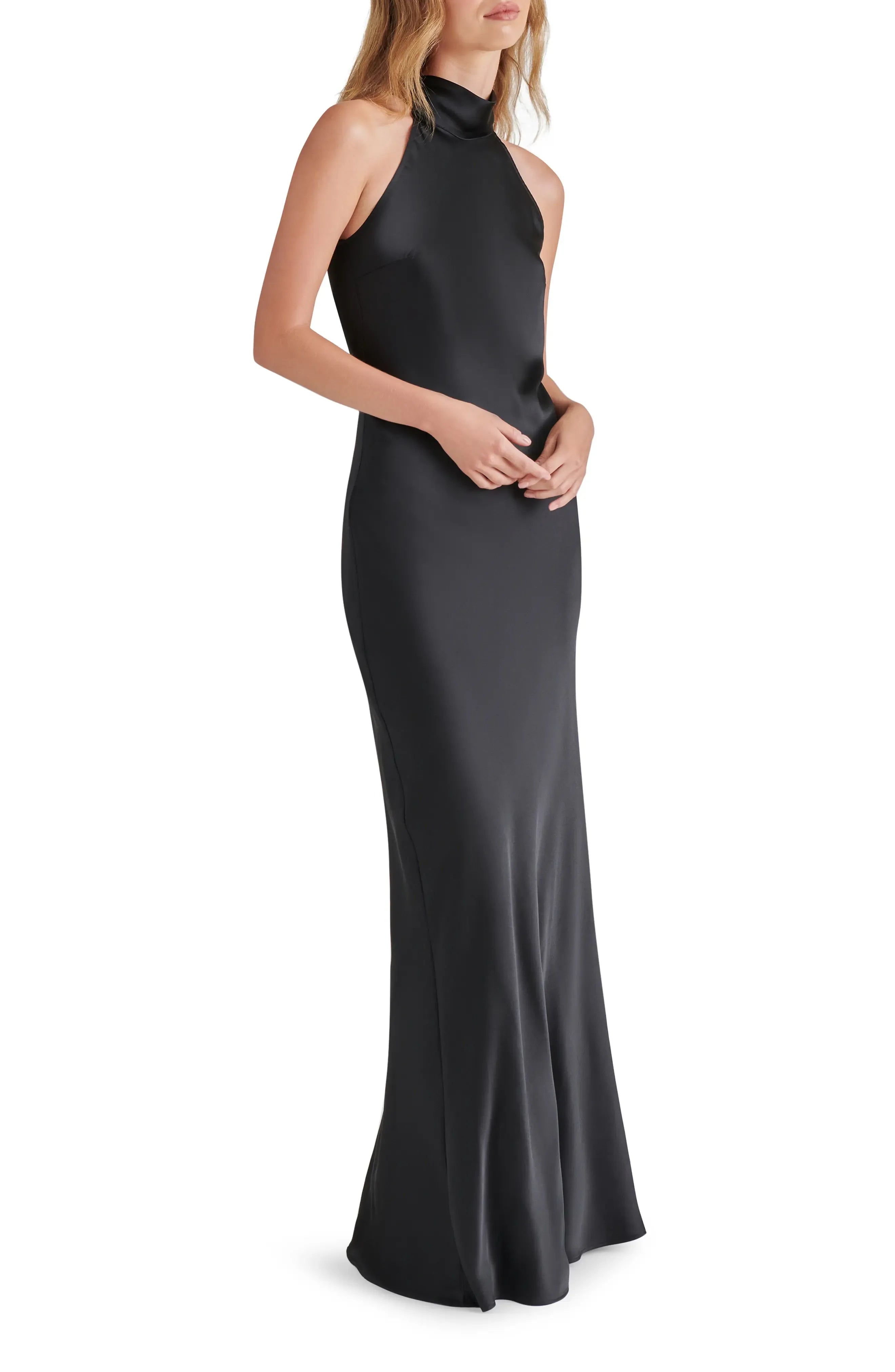 High Neck Halter Back Tie Plain Slit Black Satin Mermaid Maxi Wedding Guest Dresses
