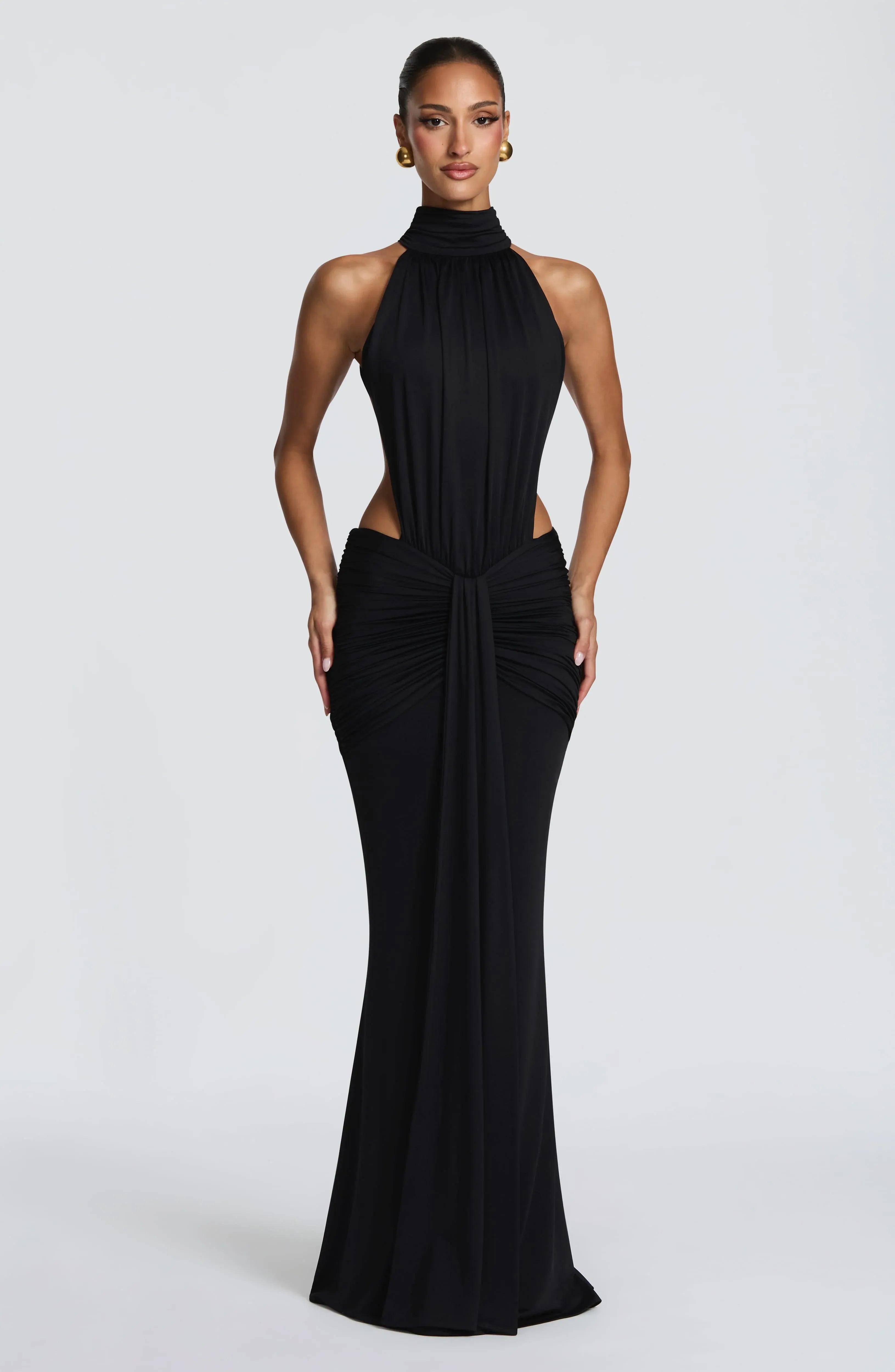 High Neck Halter Cut Out Waist Front Tie Black Jersey Mermaid Maxi Wedding Guest Dresses