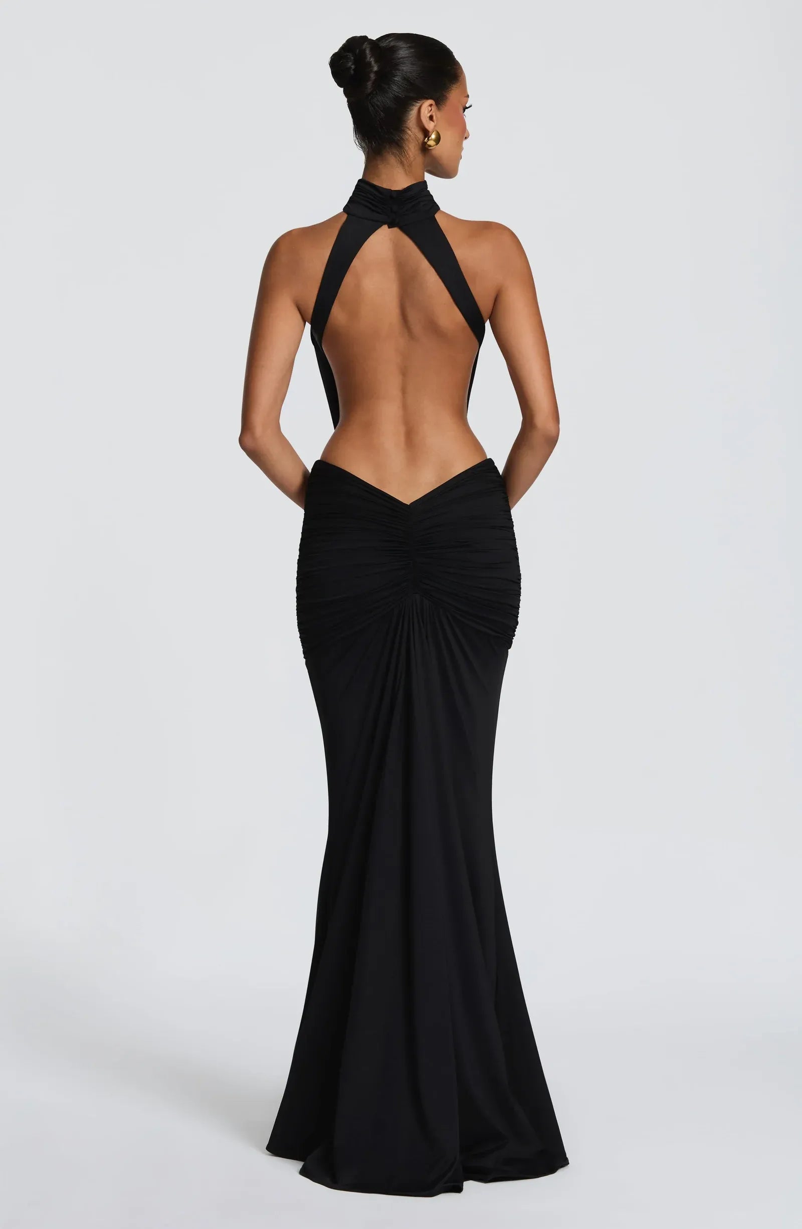 High Neck Halter Cut Out Waist Front Tie Black Jersey Mermaid Maxi Wedding Guest Dresses
