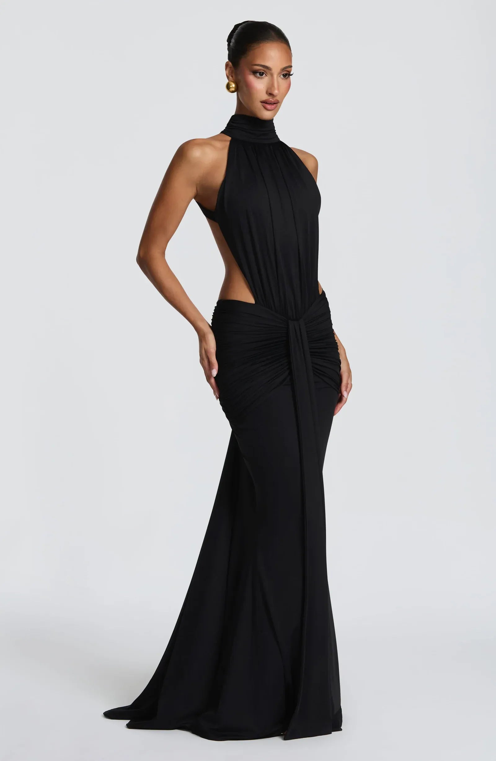 High Neck Halter Cut Out Waist Front Tie Black Jersey Mermaid Maxi Wedding Guest Dresses