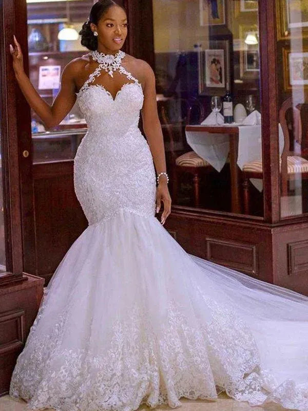 High‑Neck Halter‑Lace Mermaid Wedding Dress With Scalloped‑Lace‑Trimmed Flared Train