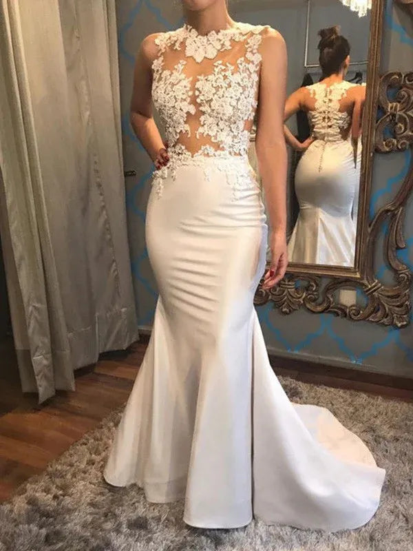 High Neck Illusion Floral Lace Mesh Gloss Satin High Slit Mermaid Wedding Dress