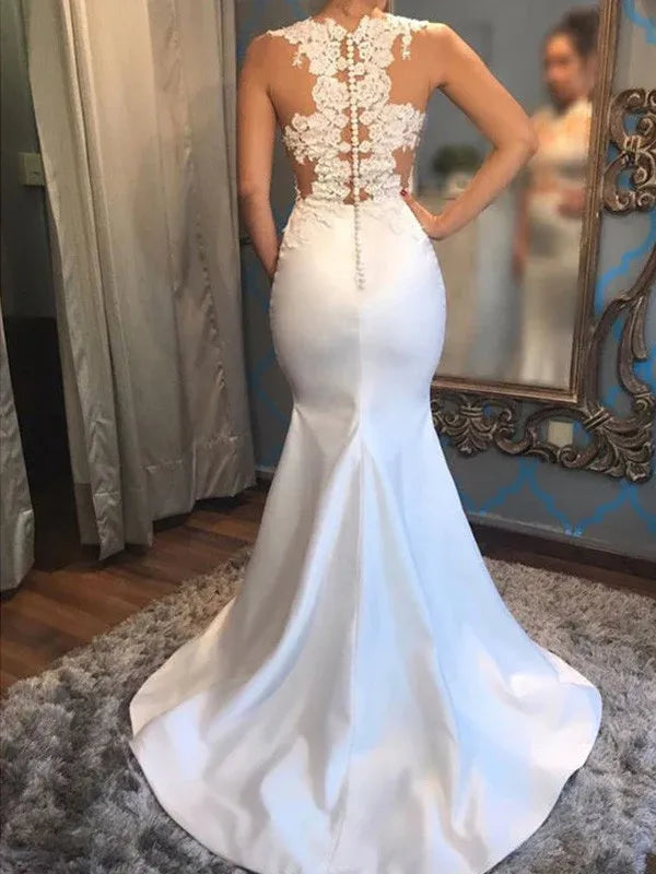 High Neck Illusion Floral Lace Mesh Gloss Satin High Slit Mermaid Wedding Dress