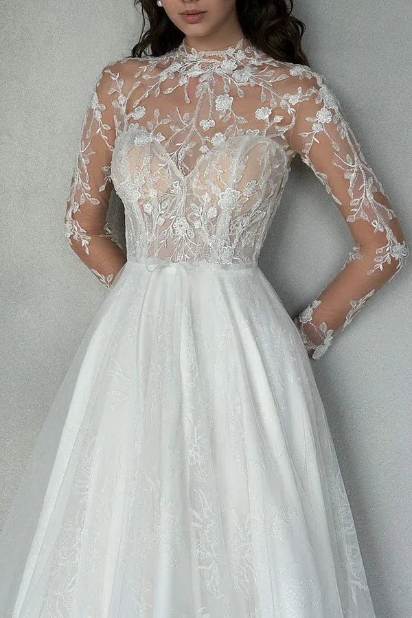 High Neck Long Sleeve Floral Lace Illusion Back Pearl Train Glitter Tulle A Line Wedding Dress