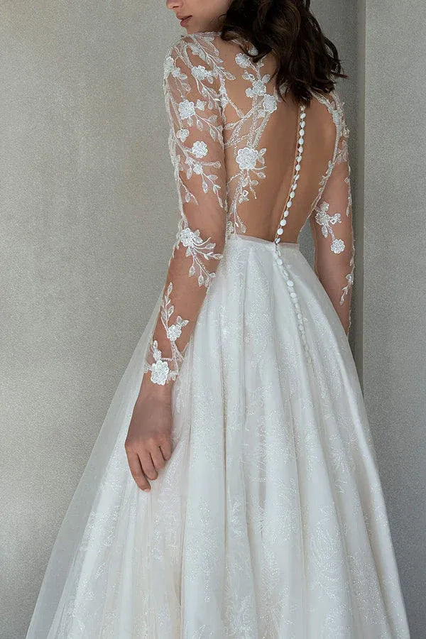 High Neck Long Sleeve Floral Lace Illusion Back Pearl Train Glitter Tulle A Line Wedding Dress