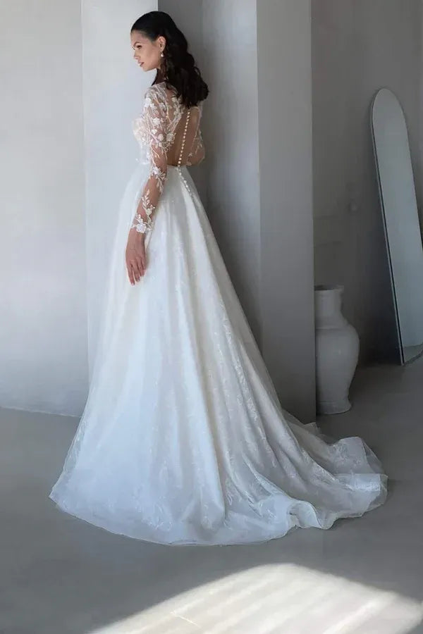 High Neck Long Sleeve Floral Lace Illusion Back Pearl Train Glitter Tulle A Line Wedding Dress