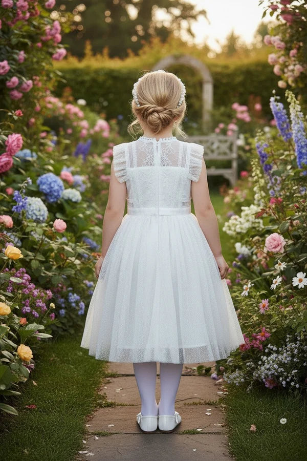High Neck Ruffle Cap Sleeve White Dot Tulle Midi First Communion Dresses