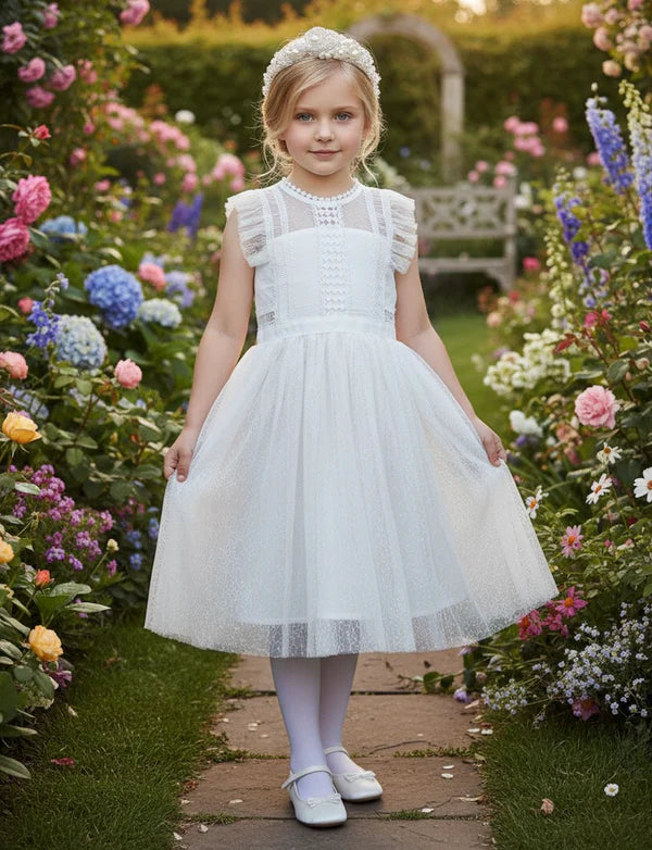 High Neck Ruffle Cap Sleeve White Dot Tulle Midi First Communion Dresses