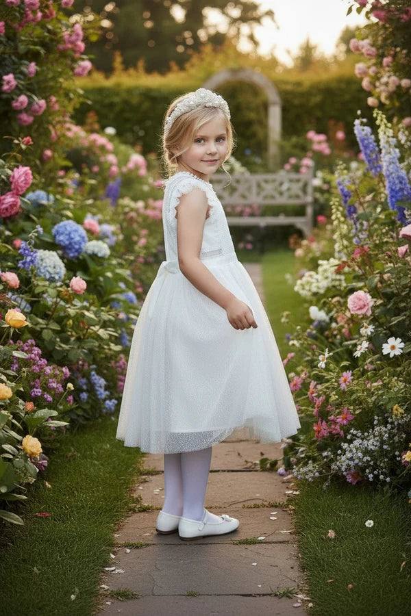 High Neck Ruffle Cap Sleeve White Dot Tulle Midi First Communion Dresses