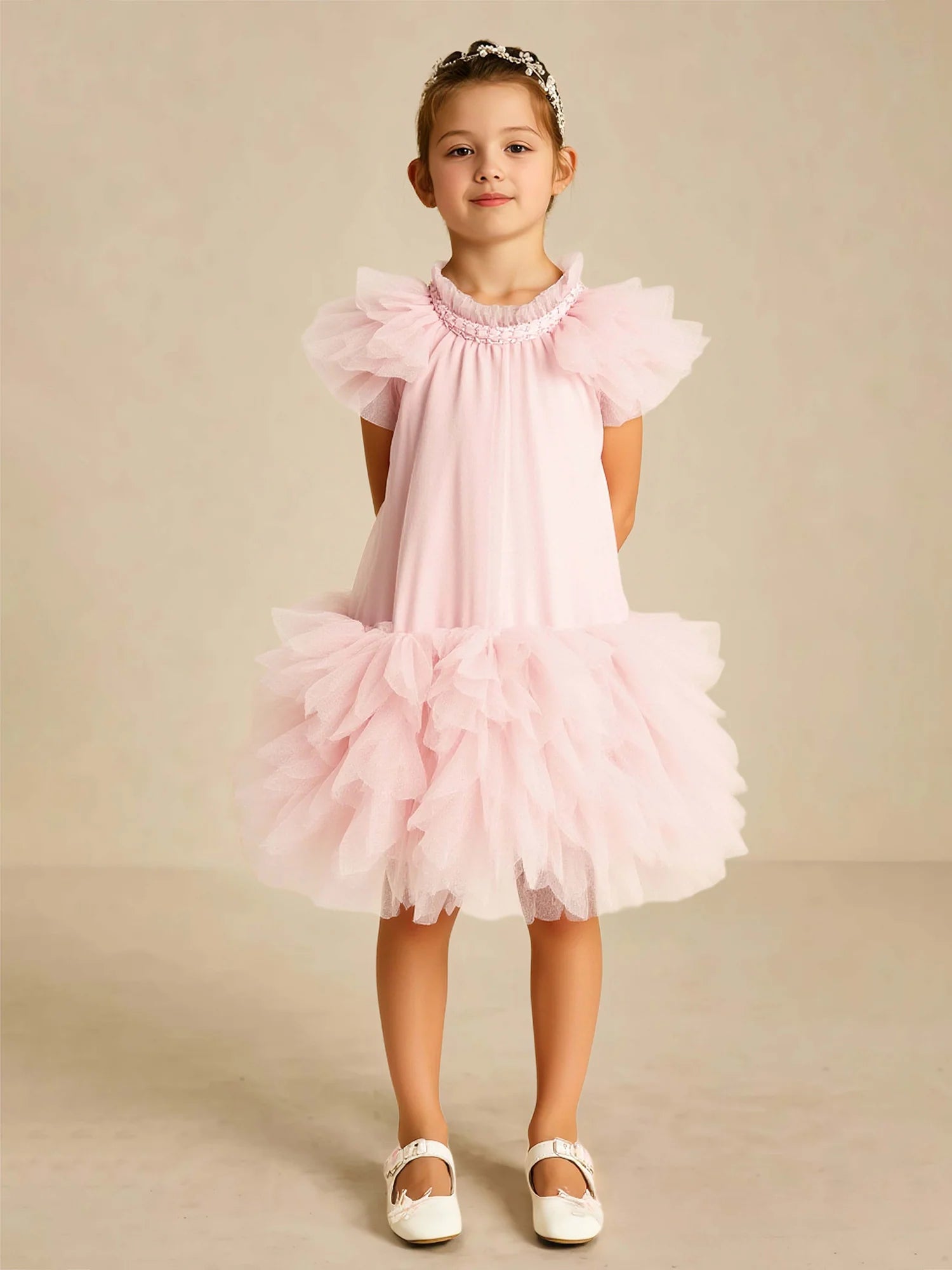 High Neck Ruffle Short Puff Loose Tiered Tulle Pink Short Flower Girl Dresses