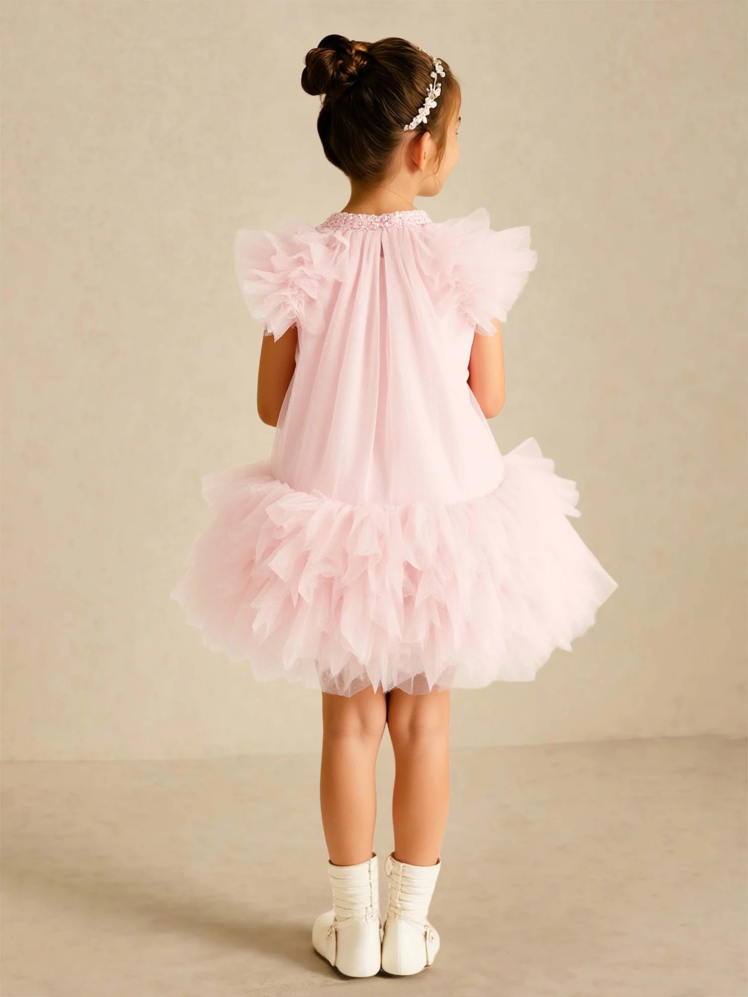 High Neck Ruffle Short Puff Loose Tiered Tulle Pink Short Flower Girl Dresses